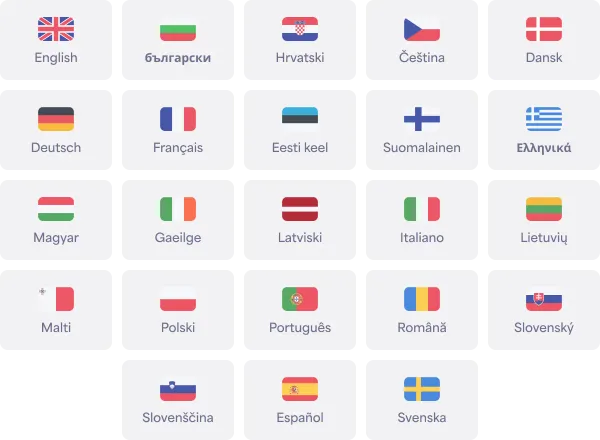 The 24 languages PinotQR is available in, each shown with its flag
