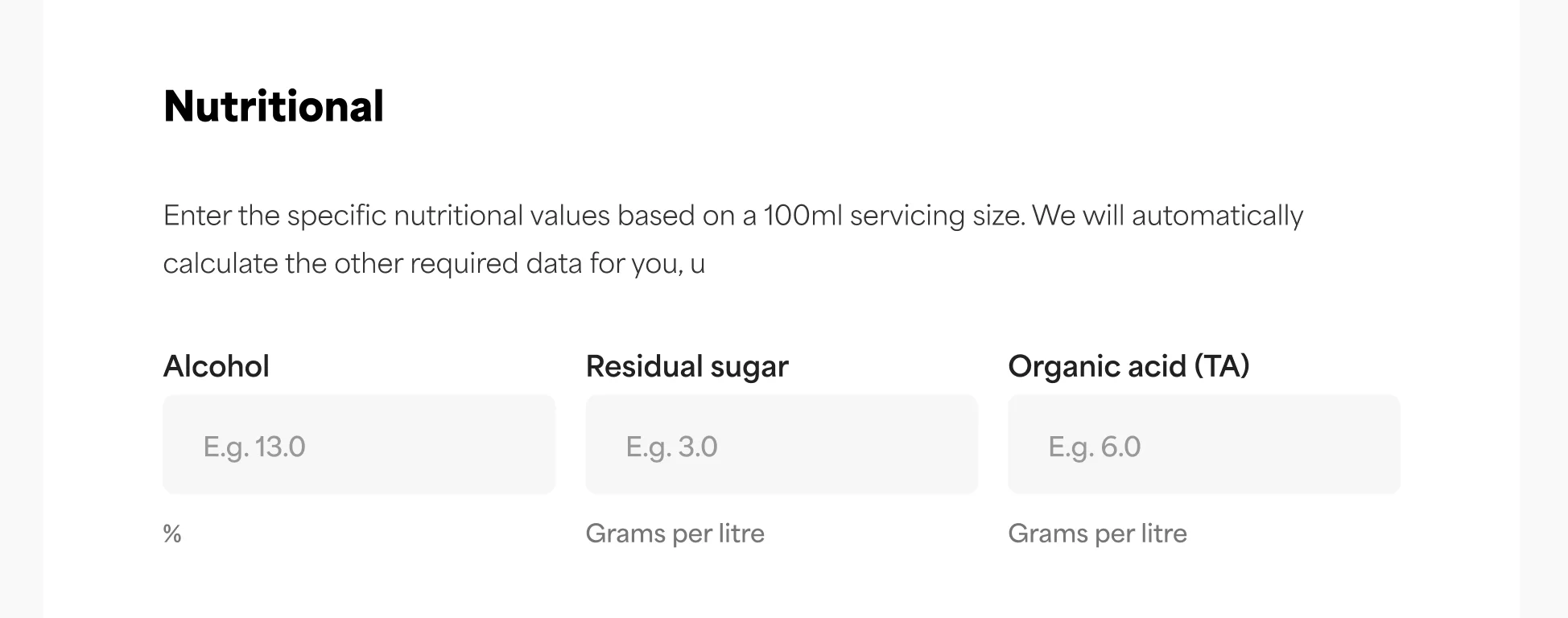 The PinotQR nutritional form, with fields for alcohol (%), and residual sugar and organic acid (TA) in grams per litre