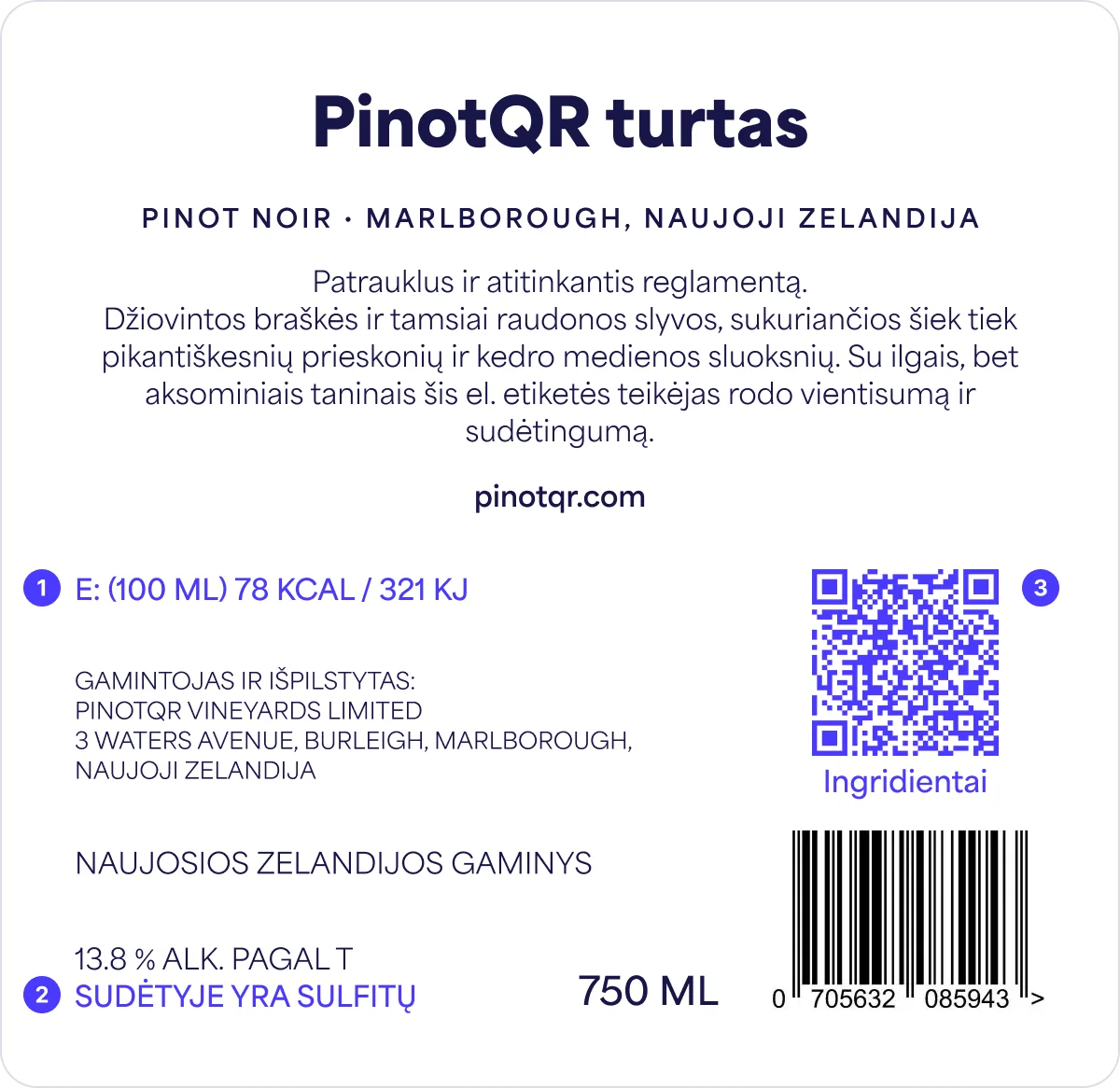Vyno butelio etiketės pavyzdys, atitinkantis naujas ES vyno ženklinimo taisykles