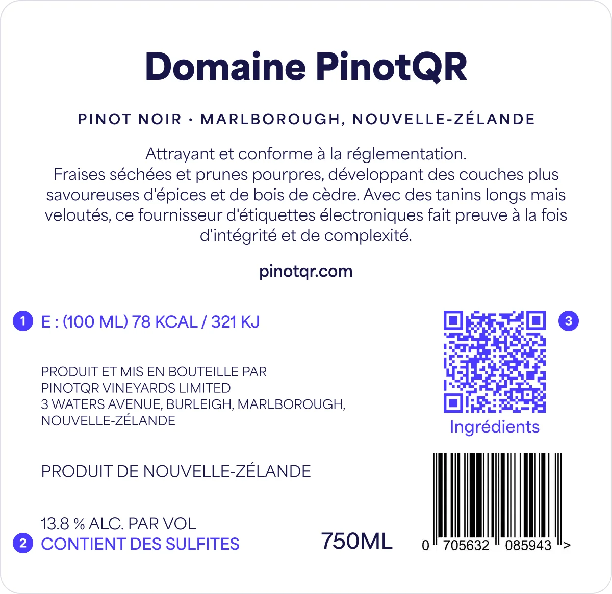 Exemple d'étiquette de bouteille de vin conforme à la nouvelle réglementation européenne sur l'étiquetage du vin