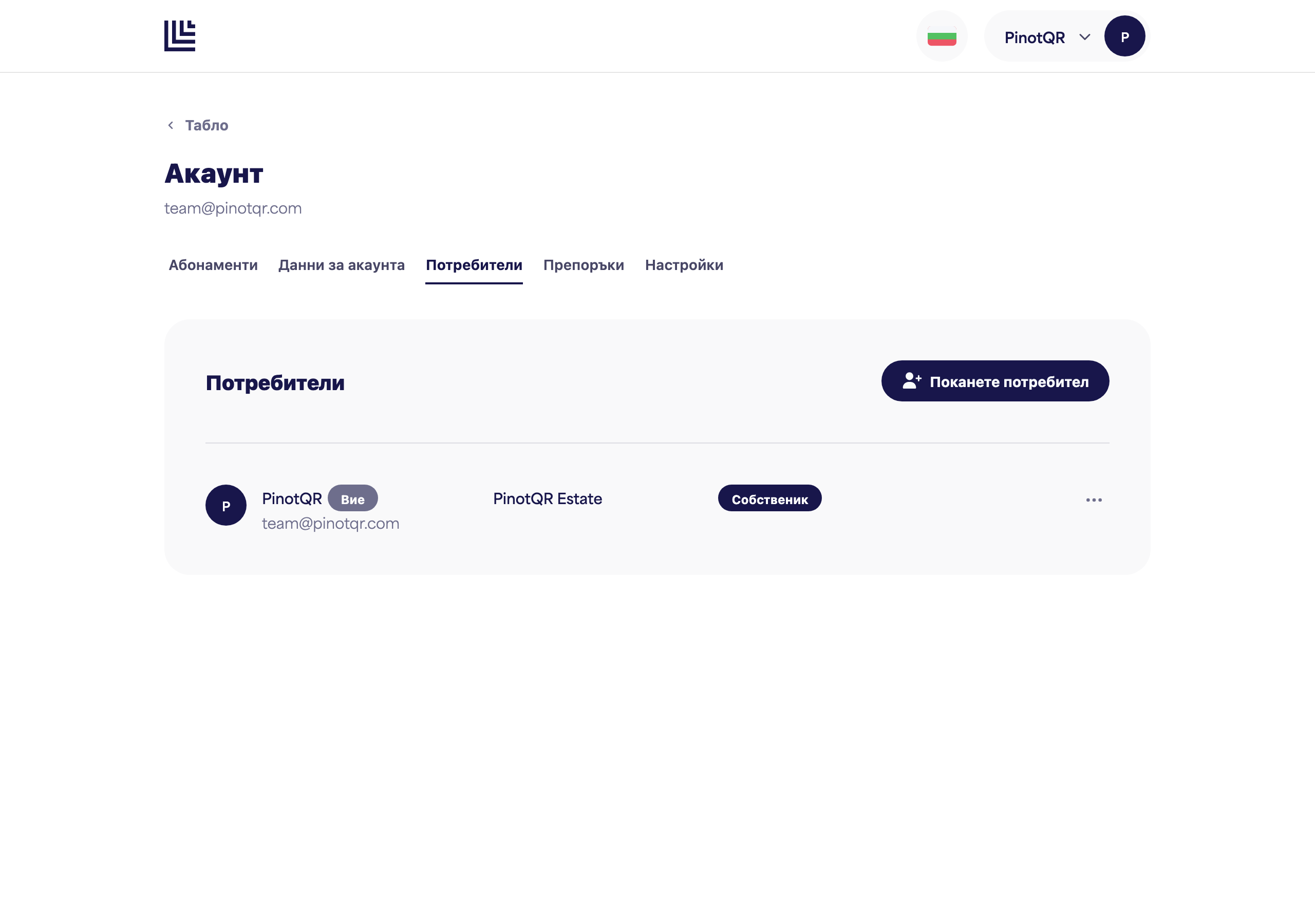 Страницата "Потребители и достъп", показваща сътрудниците с техния достъп по марка