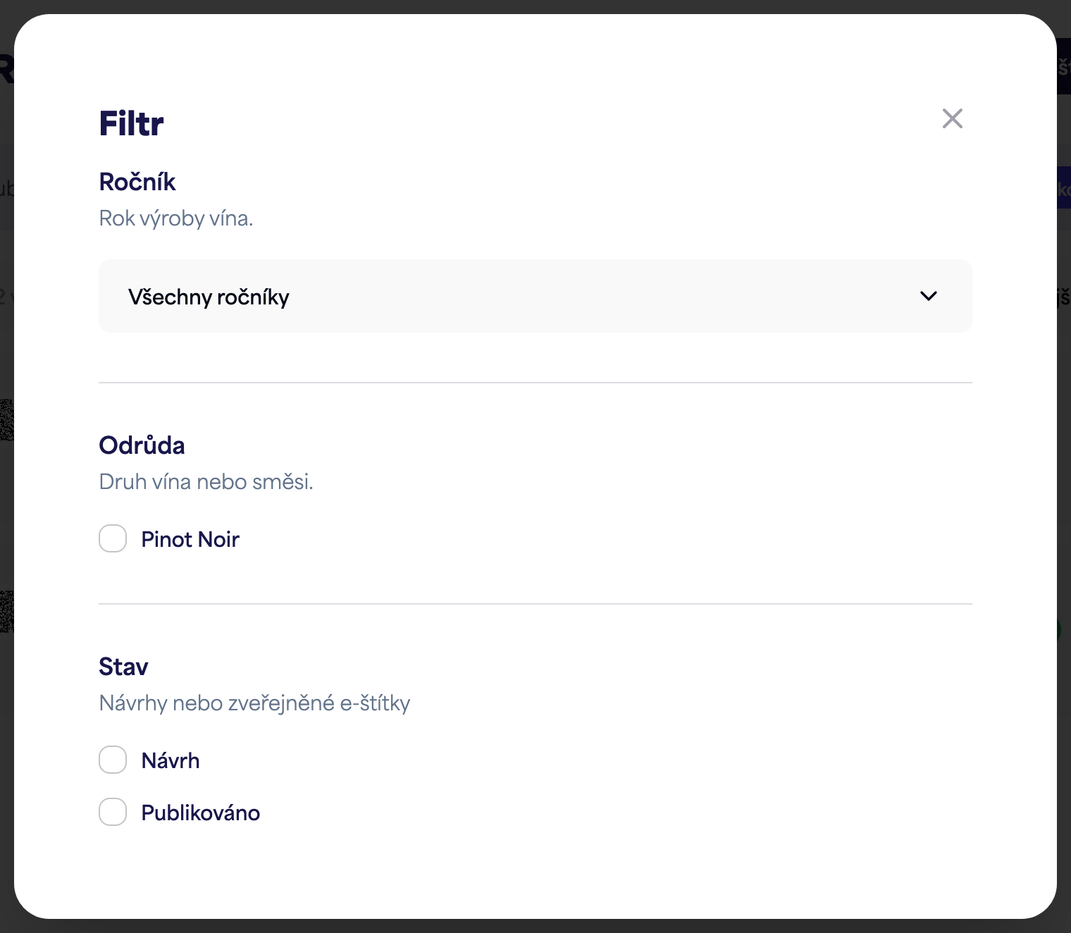 Panel filtru s možnostmi ročníku, odrůdy a stavu