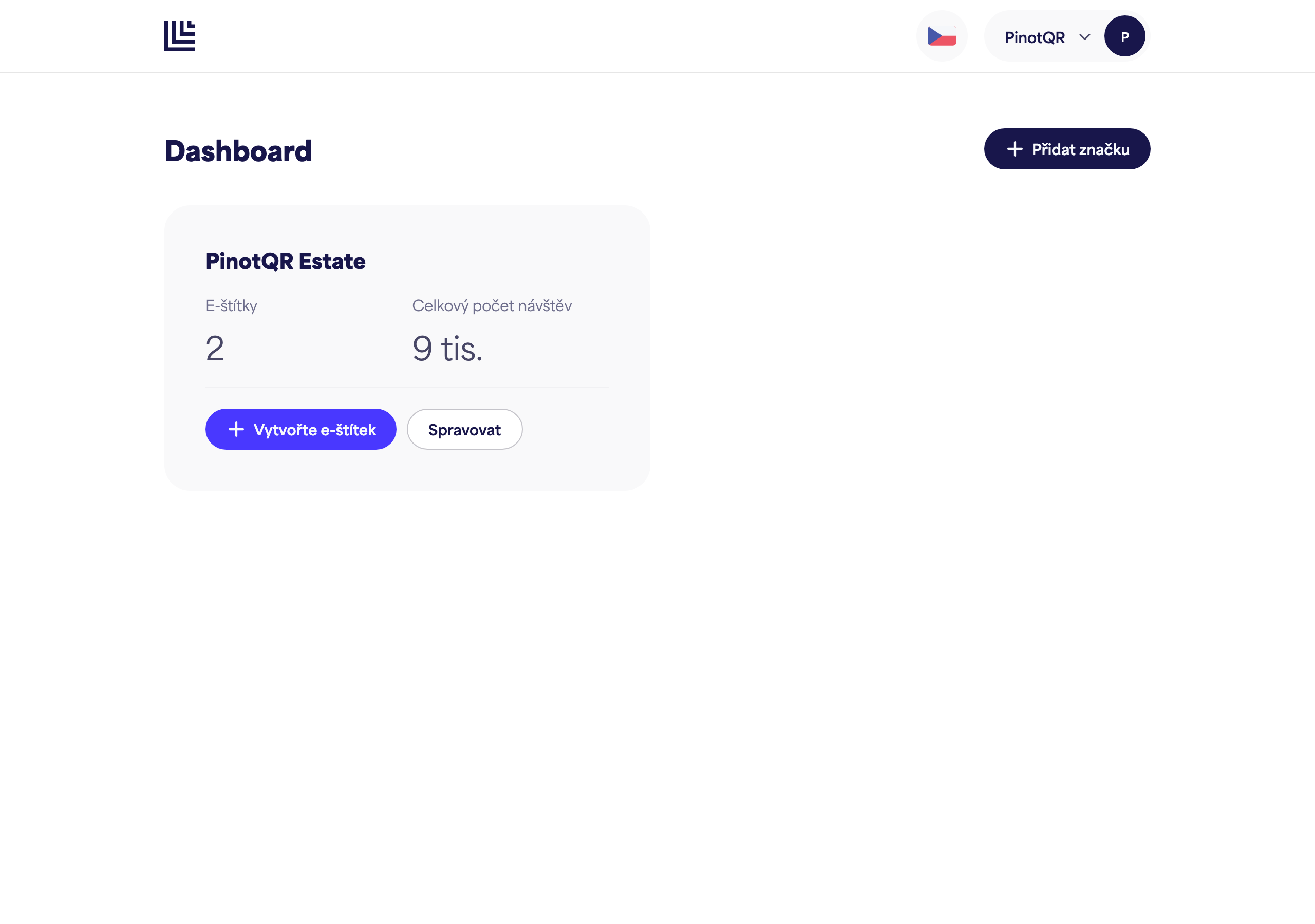 Ovládací panel zobrazující nově vytvořenou kartu značky