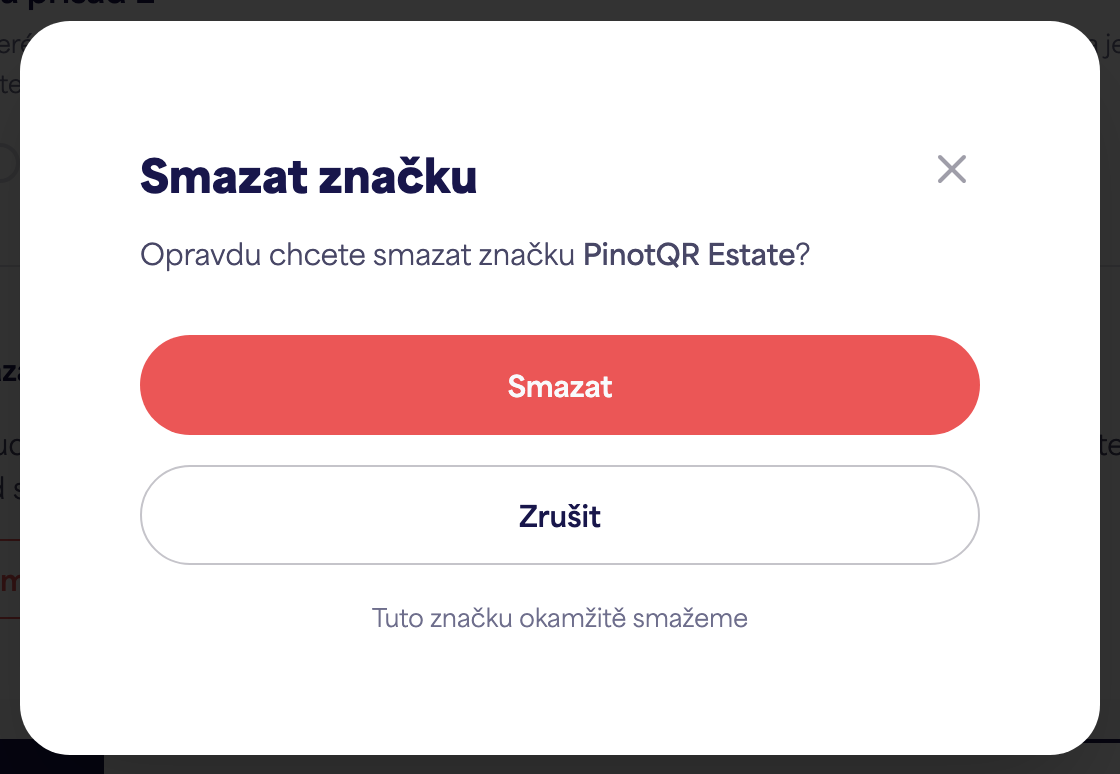 Potvrzovací dialogové okno „Smazat značku“ varující před existujícími e-etiketami