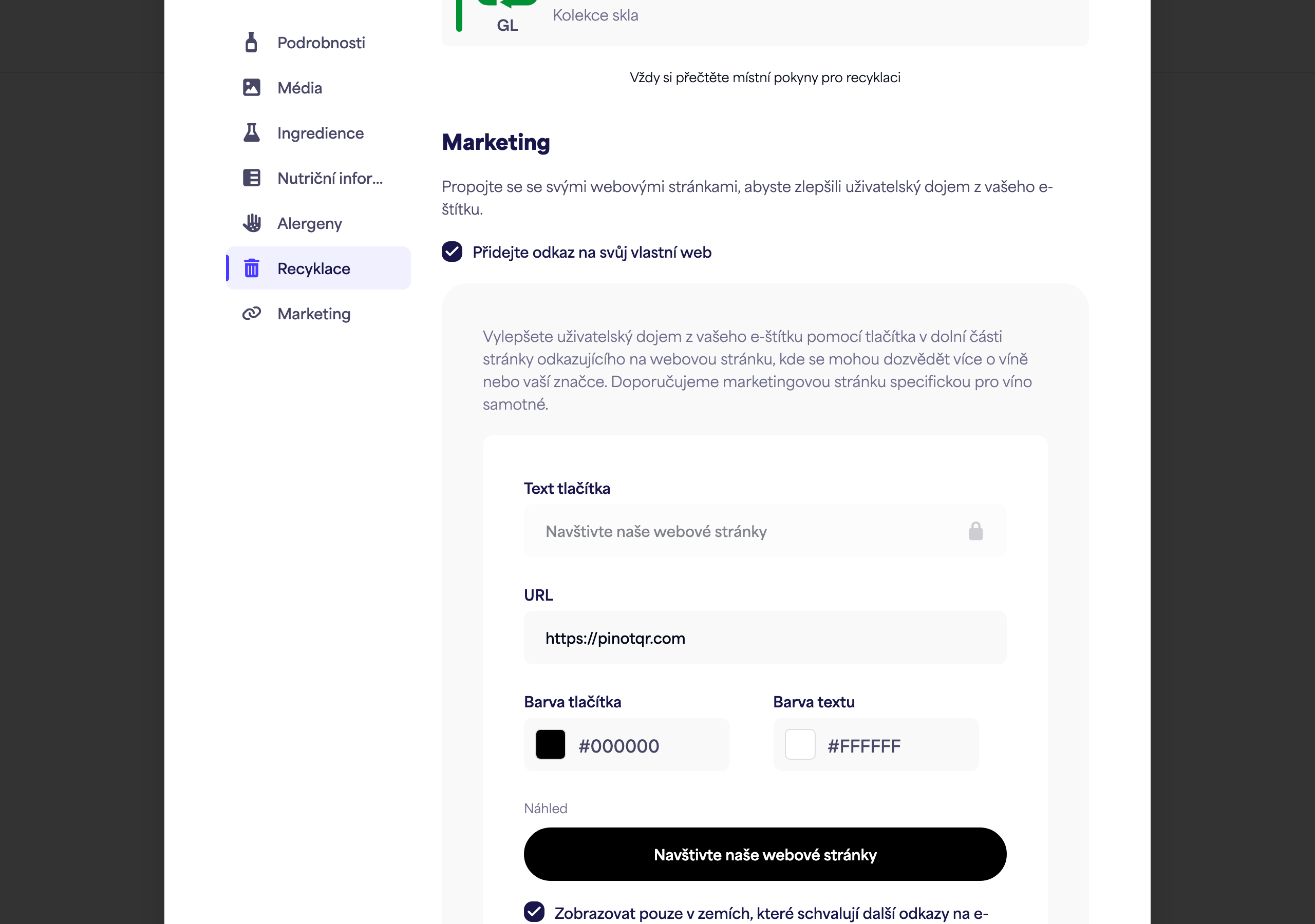 Sekce Marketing s přepínačem, textem tlačítka, URL a výběrem barev plus živým náhledem tlačítka