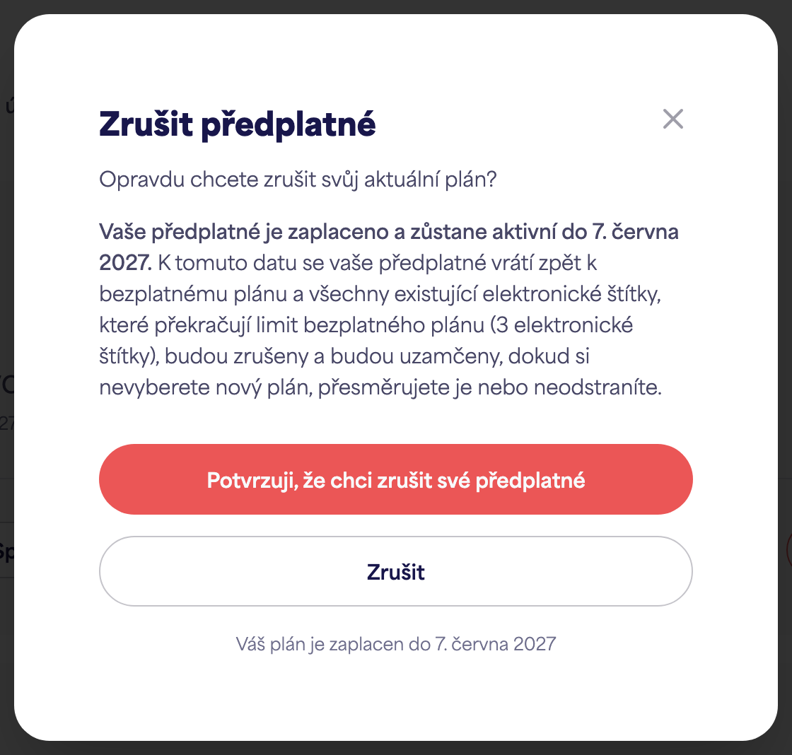 Oblast Předplatné účtu zobrazující možnost Zrušit předplatné