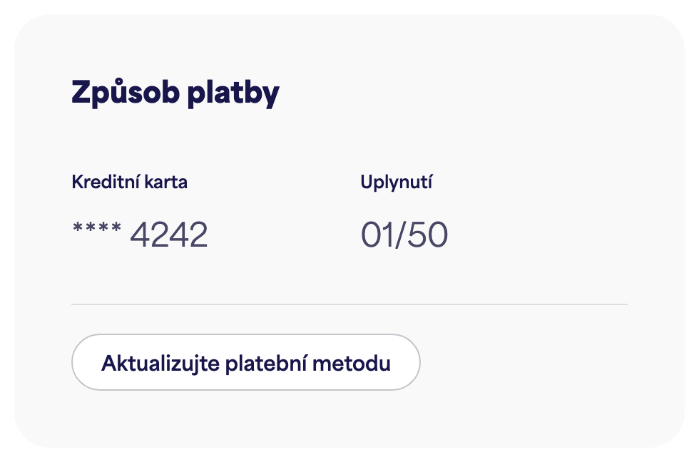 Karta Platební metoda zobrazující uloženou kartu a „Aktualizovat platební metodu“