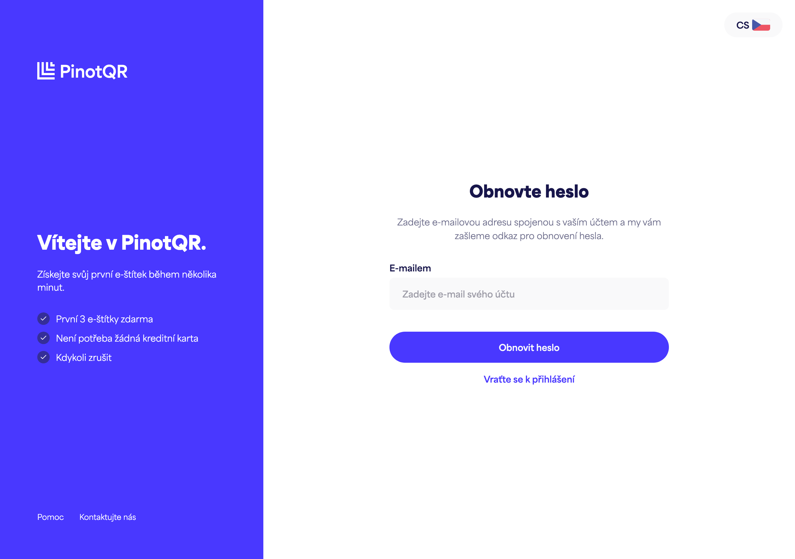 Obrazovka „Obnovit heslo“, kde zadáváte svůj e-mail