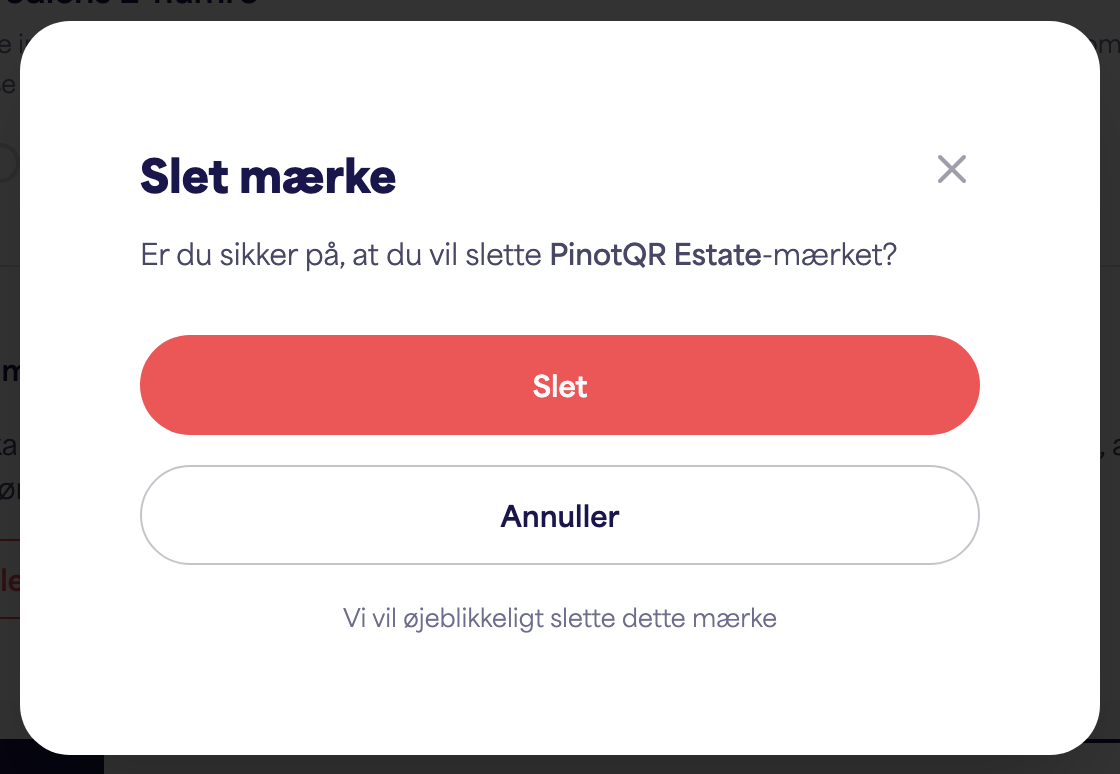 Dialogboksen "Slet mærke" med advarsel om eksisterende e-etiketter