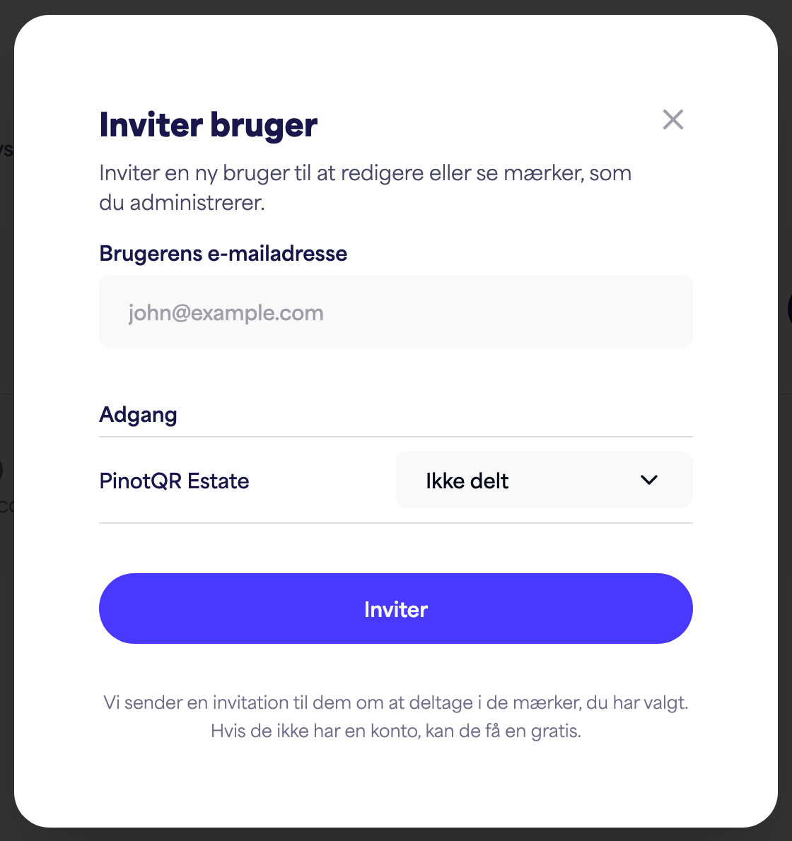 Dialogen "Inviter bruger" med e-mailfeltet og adgangsindstillinger pr. mærke
