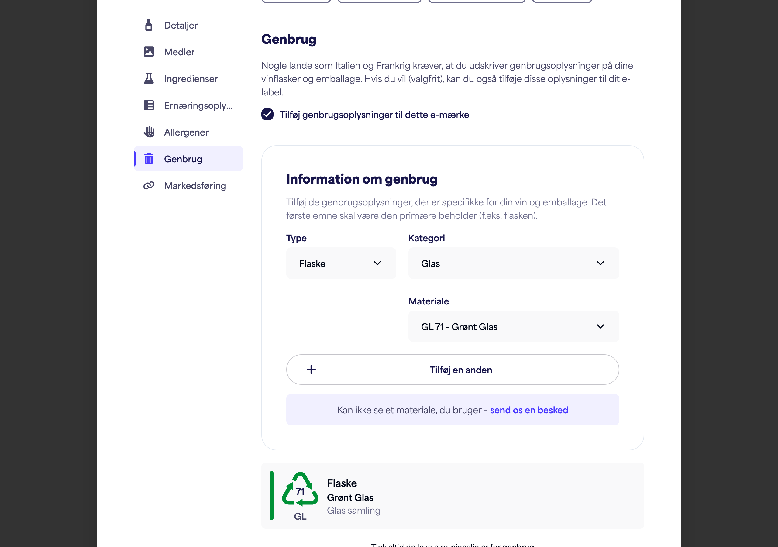 Toggle og forklaring for genbrugssektionen