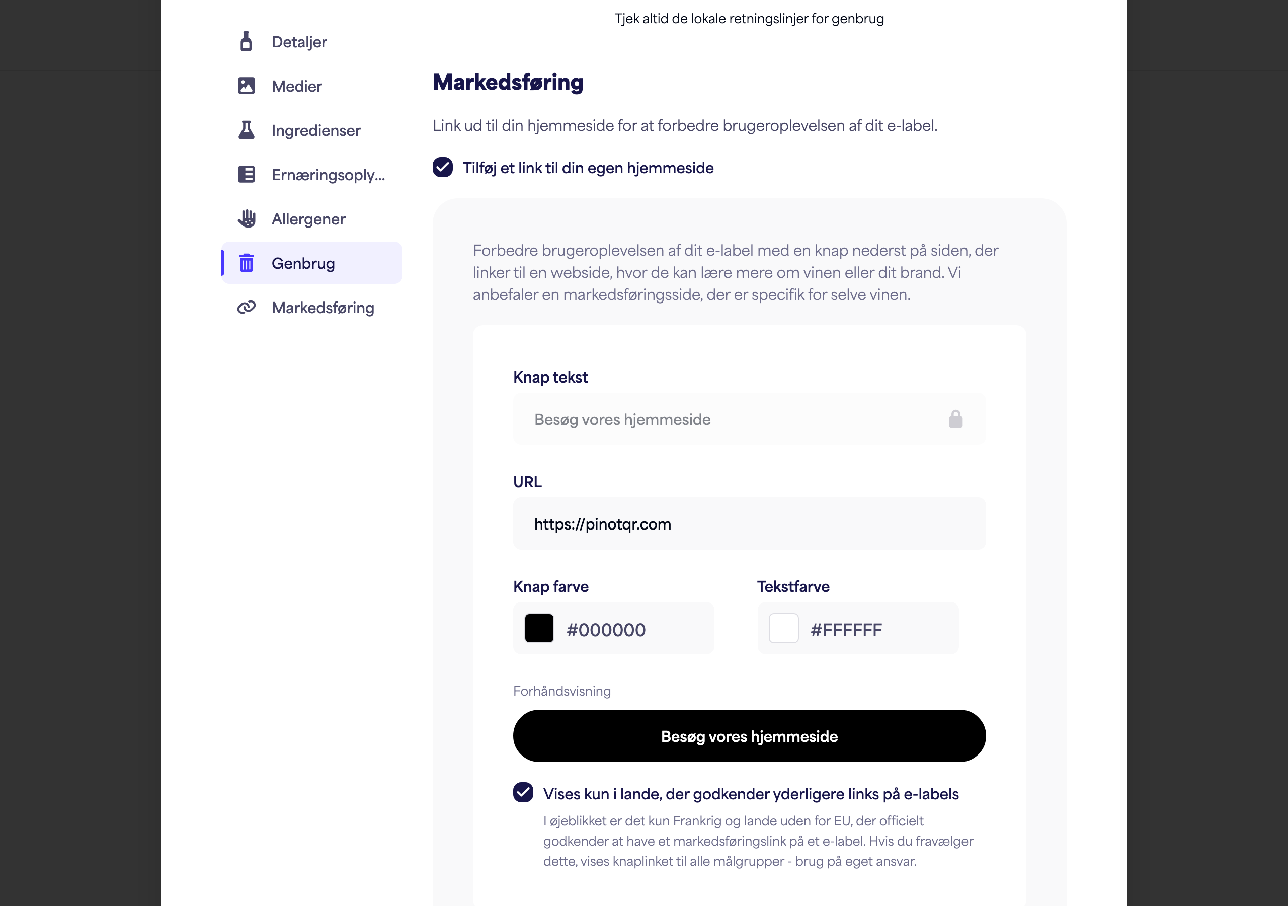 Afsnittet Marketing med til/fra-knap, knaptekst, URL og farvevælgere plus live forhåndsvisning af knappen