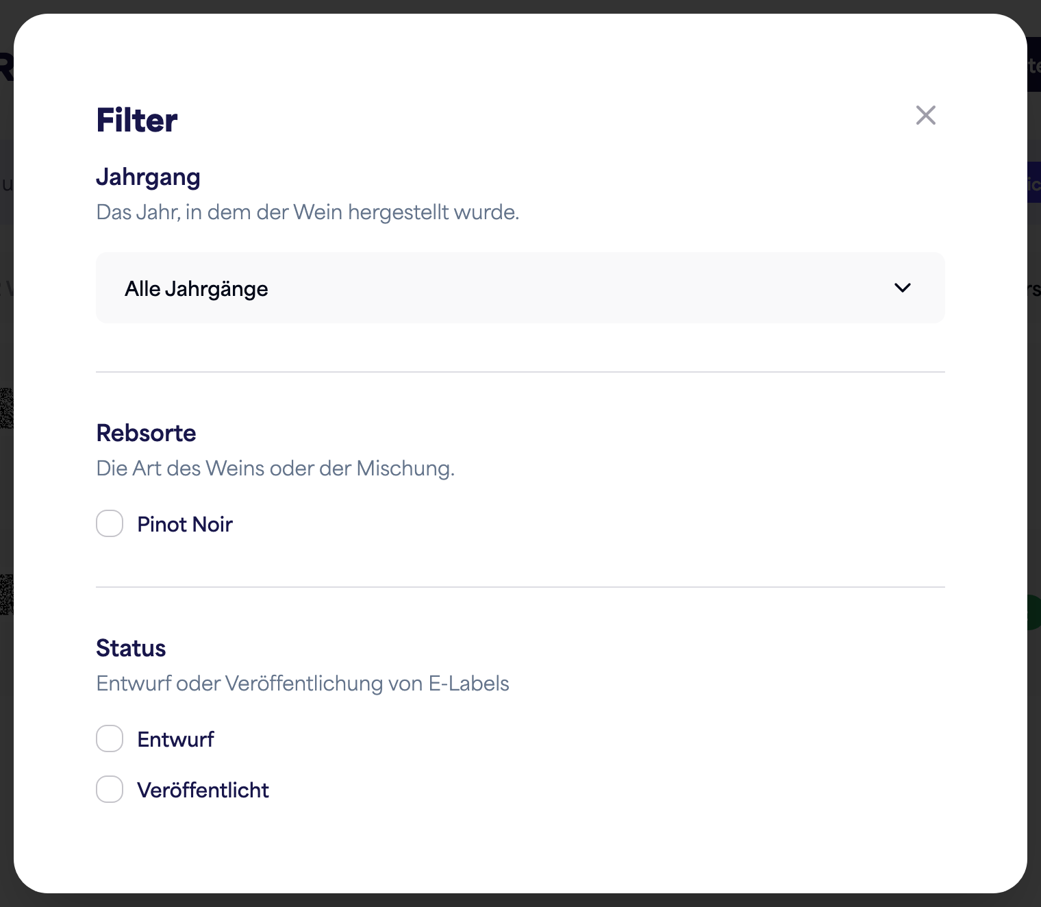 Das Filterfeld mit Optionen für Jahrgang, Sorte und Status