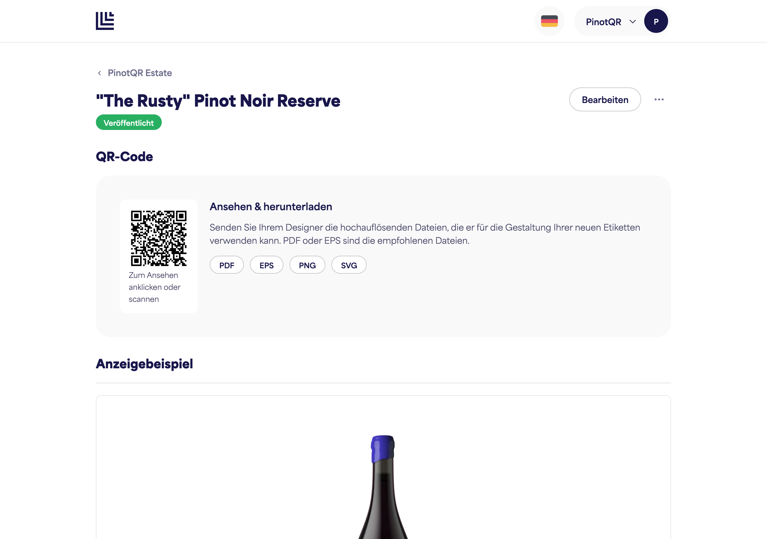 Eine E-Etikett-Seite mit der Option „Zurückziehen“
