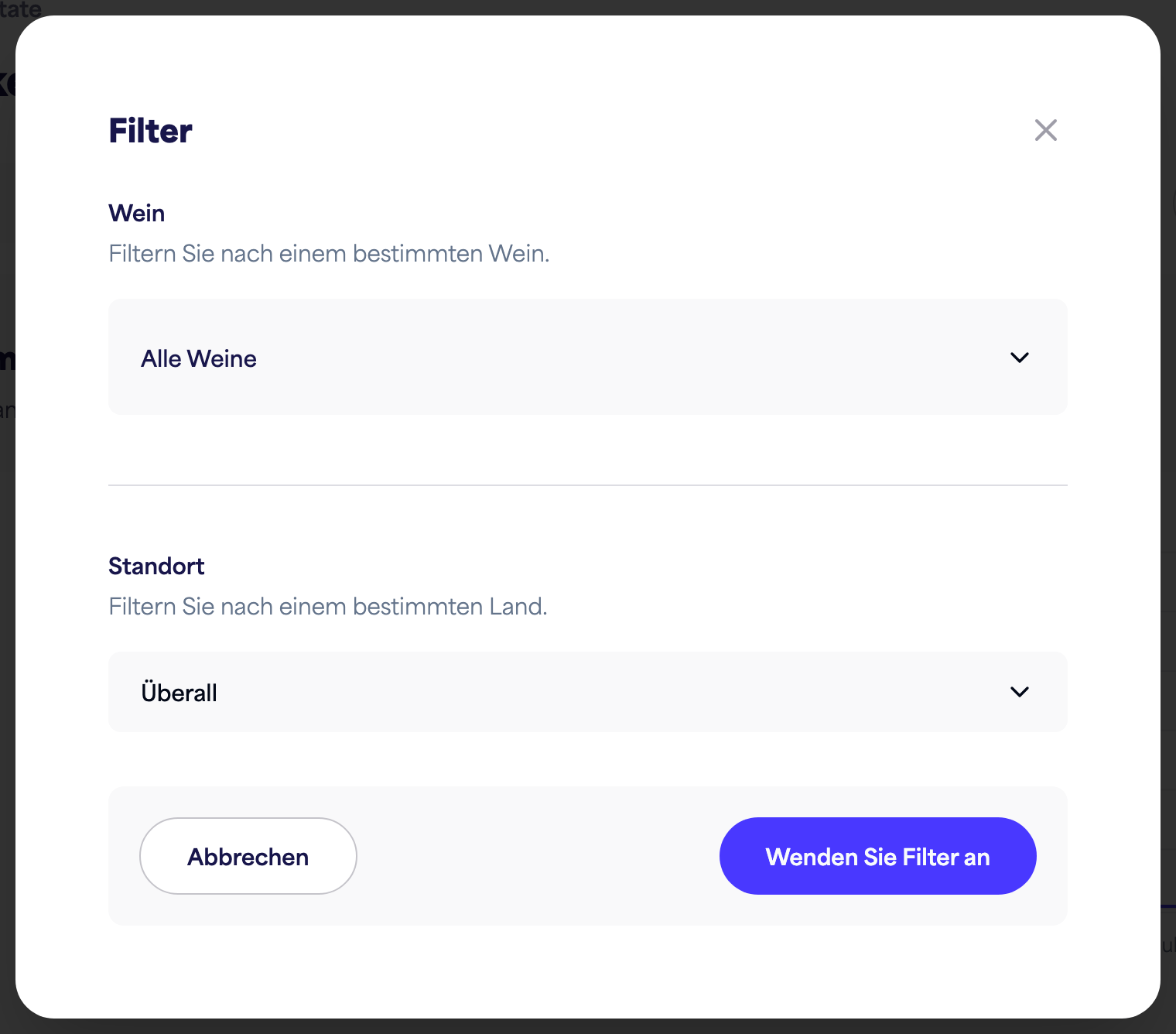 Das Einblicke-Filterpanel (Zeitraum, Wein, Standort)
