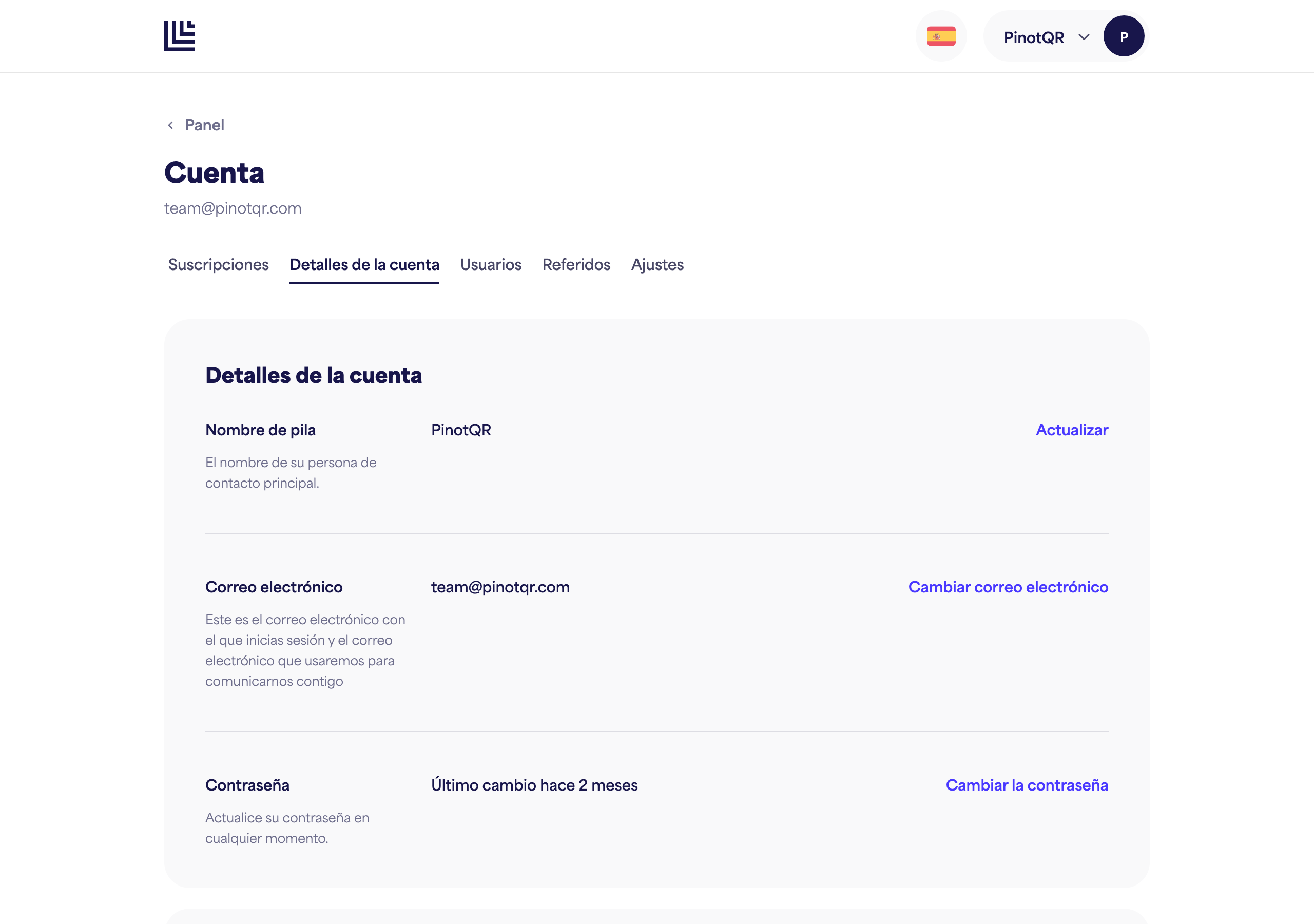 La página de Detalles de la cuenta con el campo Nombre
