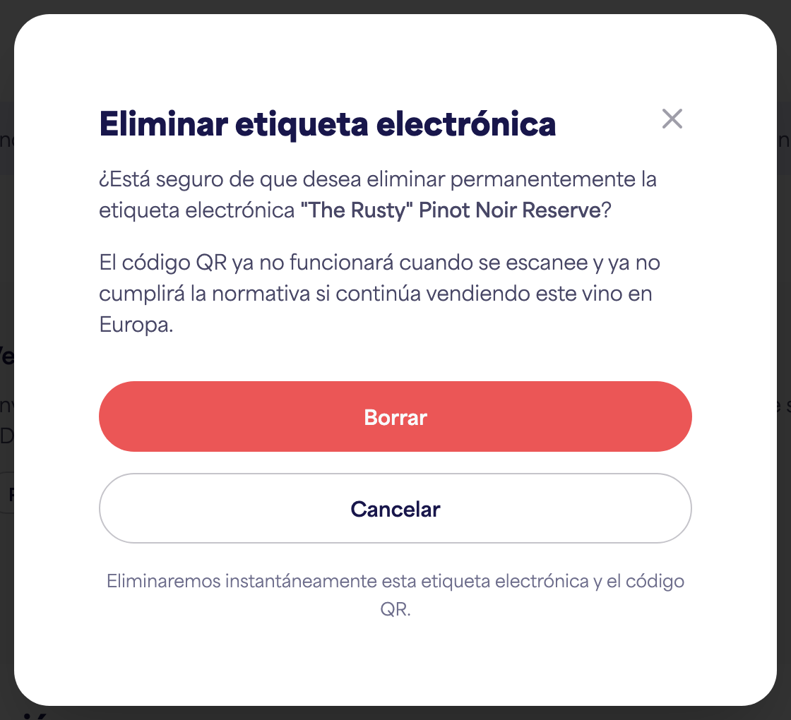 El diálogo de confirmación "Eliminar etiqueta electrónica"