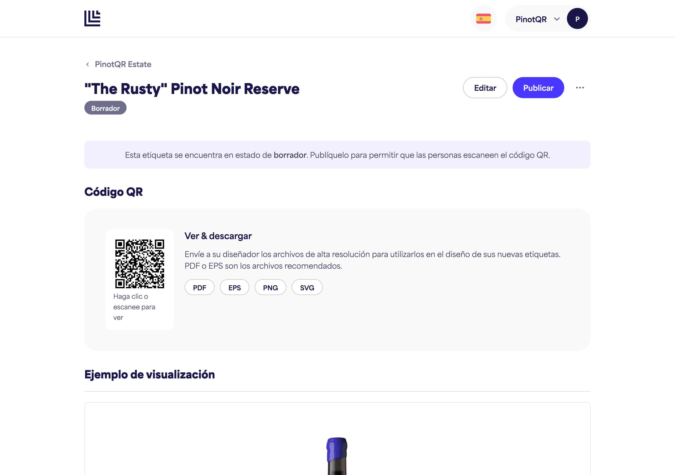 Una e-etiqueta en borrador mostrando el aviso de borrador y el botón "Publicar"