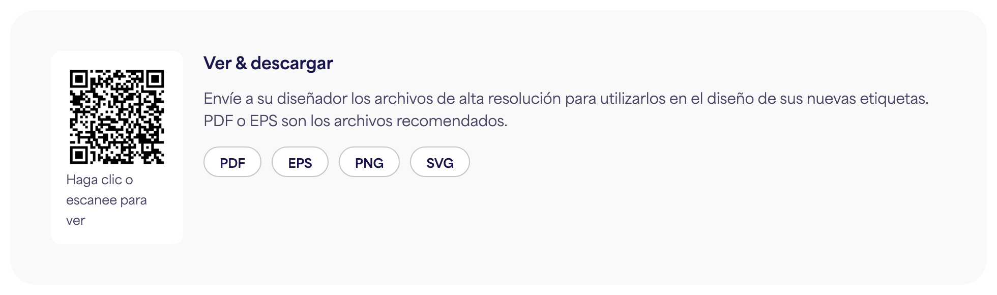 La sección de Código QR en una página de etiqueta electrónica con los botones de descarga de PDF, EPS, PNG y SVG