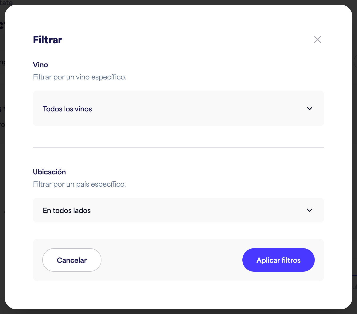 El panel de filtros de Perspectivas (tiempo, vino, ubicación)