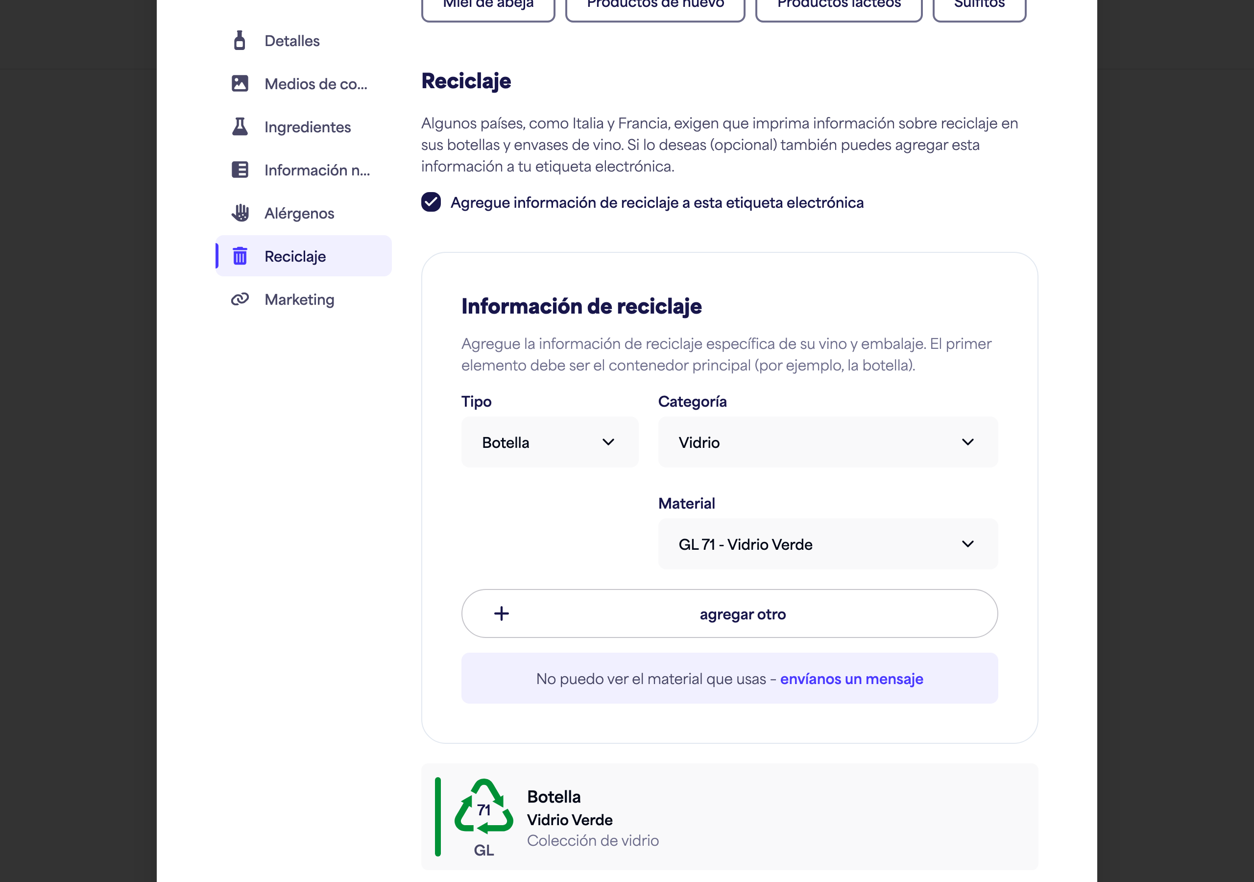 El interruptor y la explicación de la sección de Reciclaje