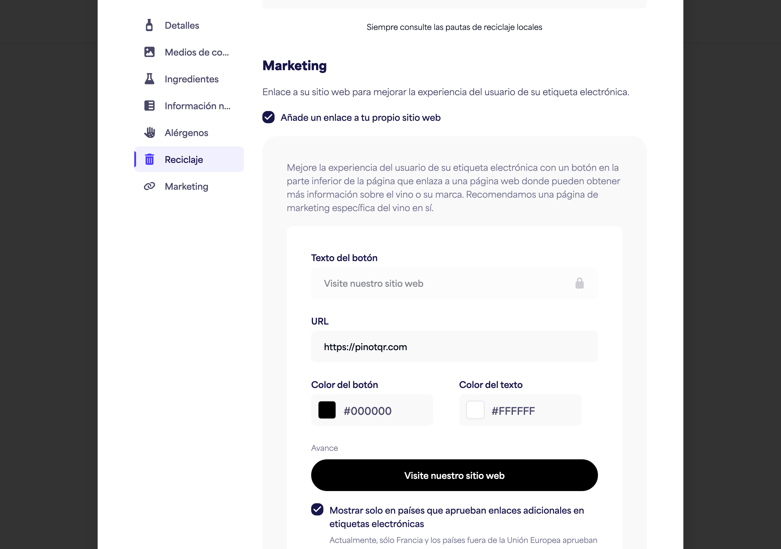 La sección de Marketing con el interruptor, el texto del botón, la URL y los selectores de color, además de la previsualización del botón en vivo