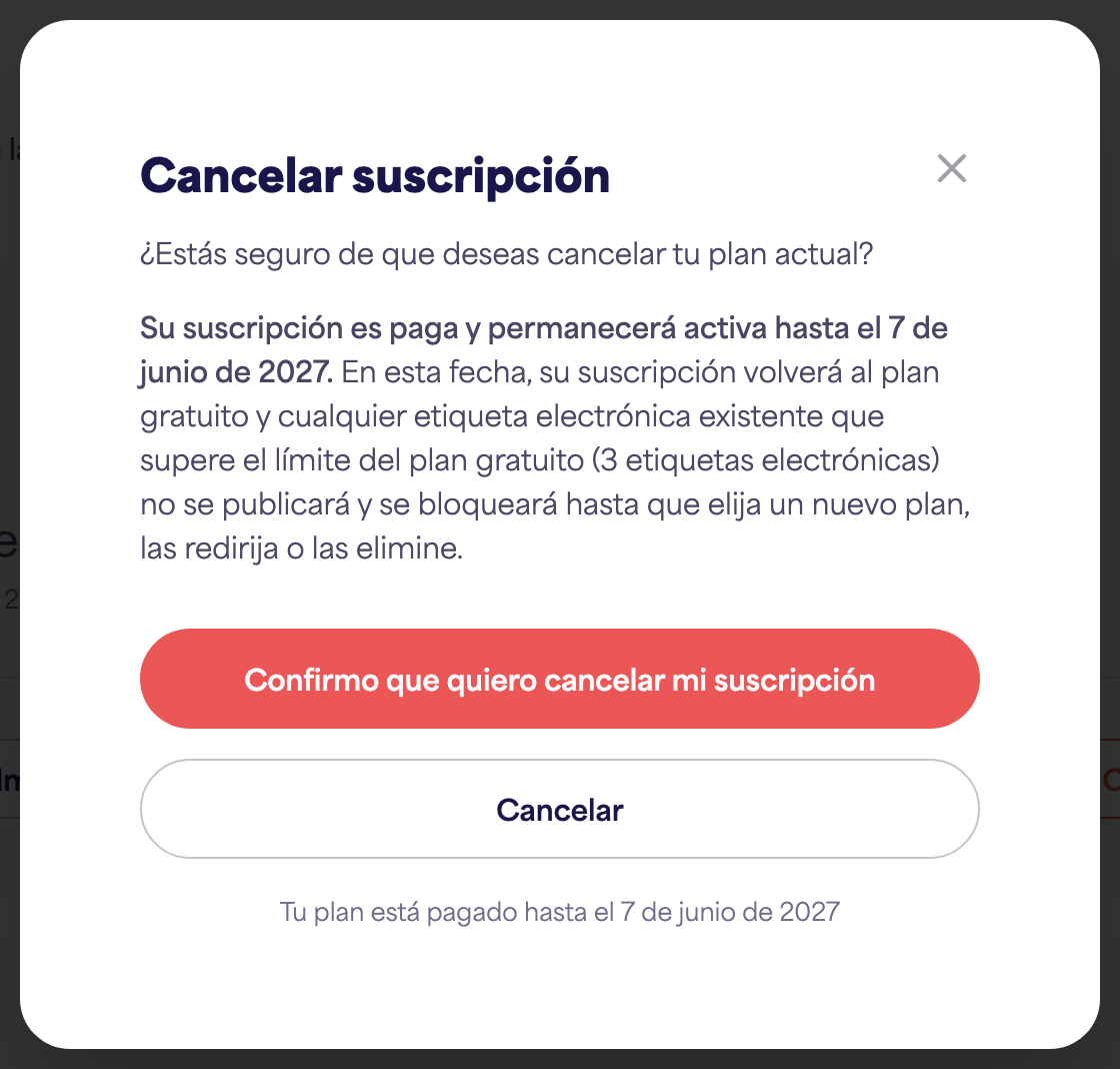 El área de Suscripción de la cuenta mostrando la opción Cancelar suscripción