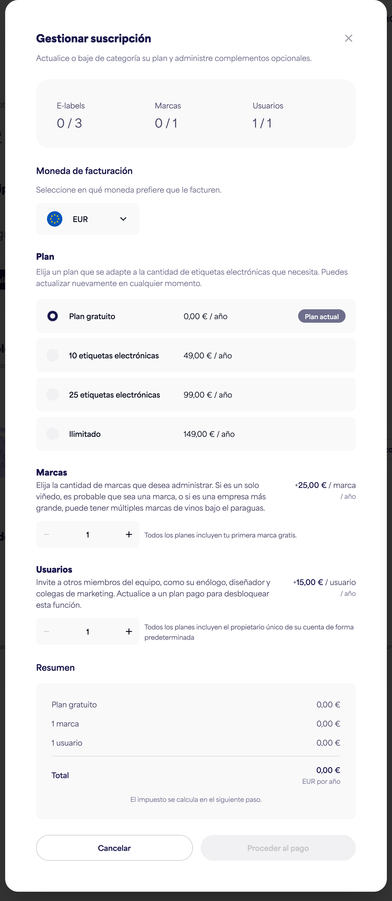 El diálogo Gestionar suscripción con opciones de plan, marcas y usuarios