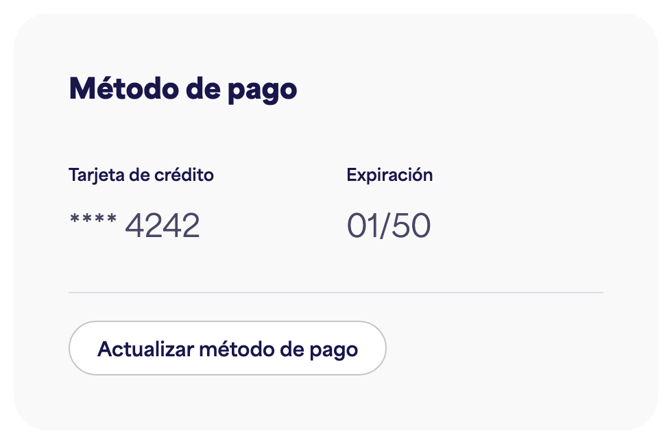 La tarjeta de Método de pago mostrando la tarjeta guardada y "Actualizar método de pago"