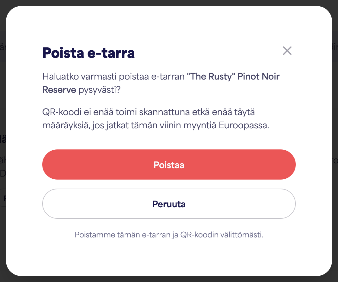 E-etiketin poiston vahvistusikkuna