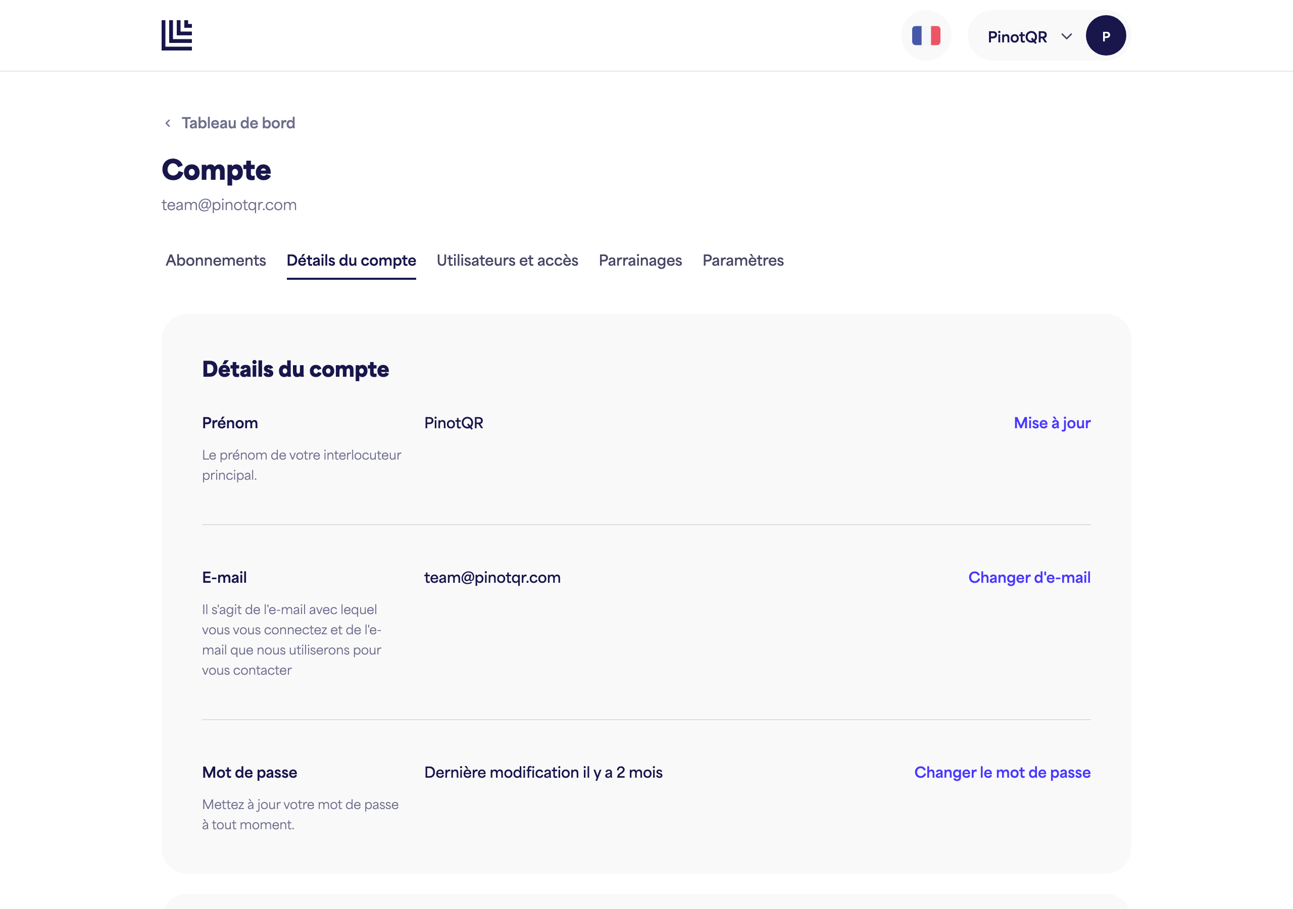La page Détails du compte avec le champ Prénom