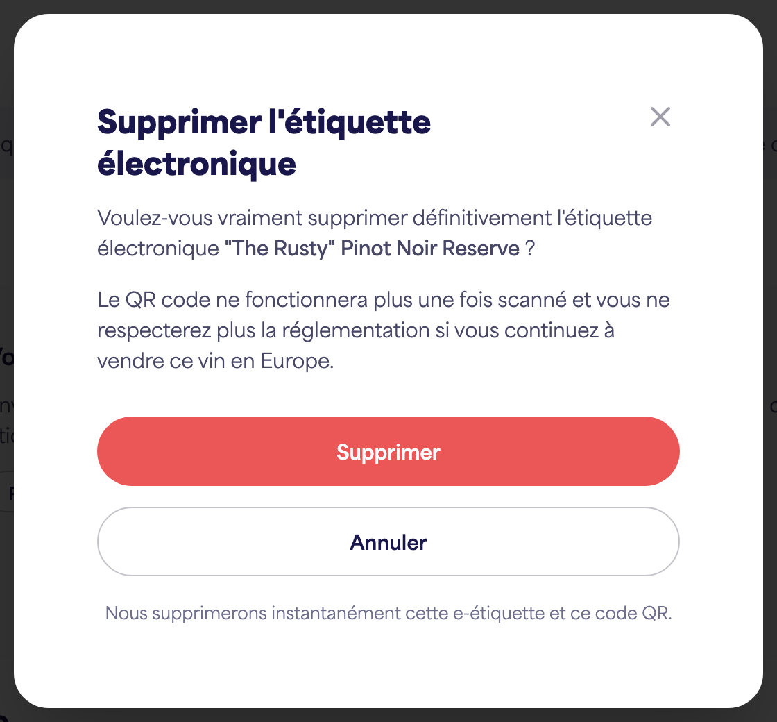 La boîte de dialogue de confirmation "Supprimer l'étiquette électronique"