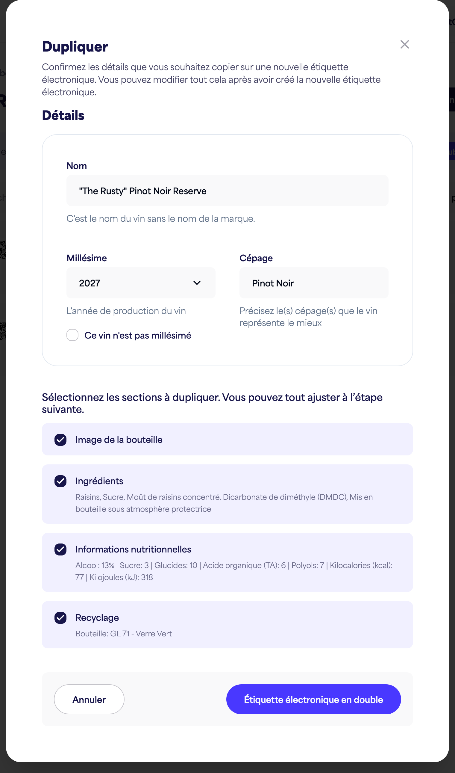 La boîte de dialogue Dupliquer avec les cases à cocher des sections