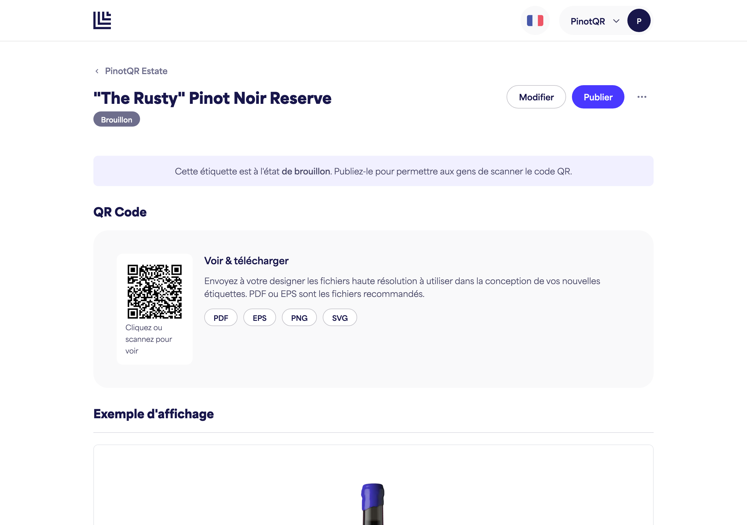 Une e-étiquette brouillon affichant la notification de brouillon et le bouton "Publier"