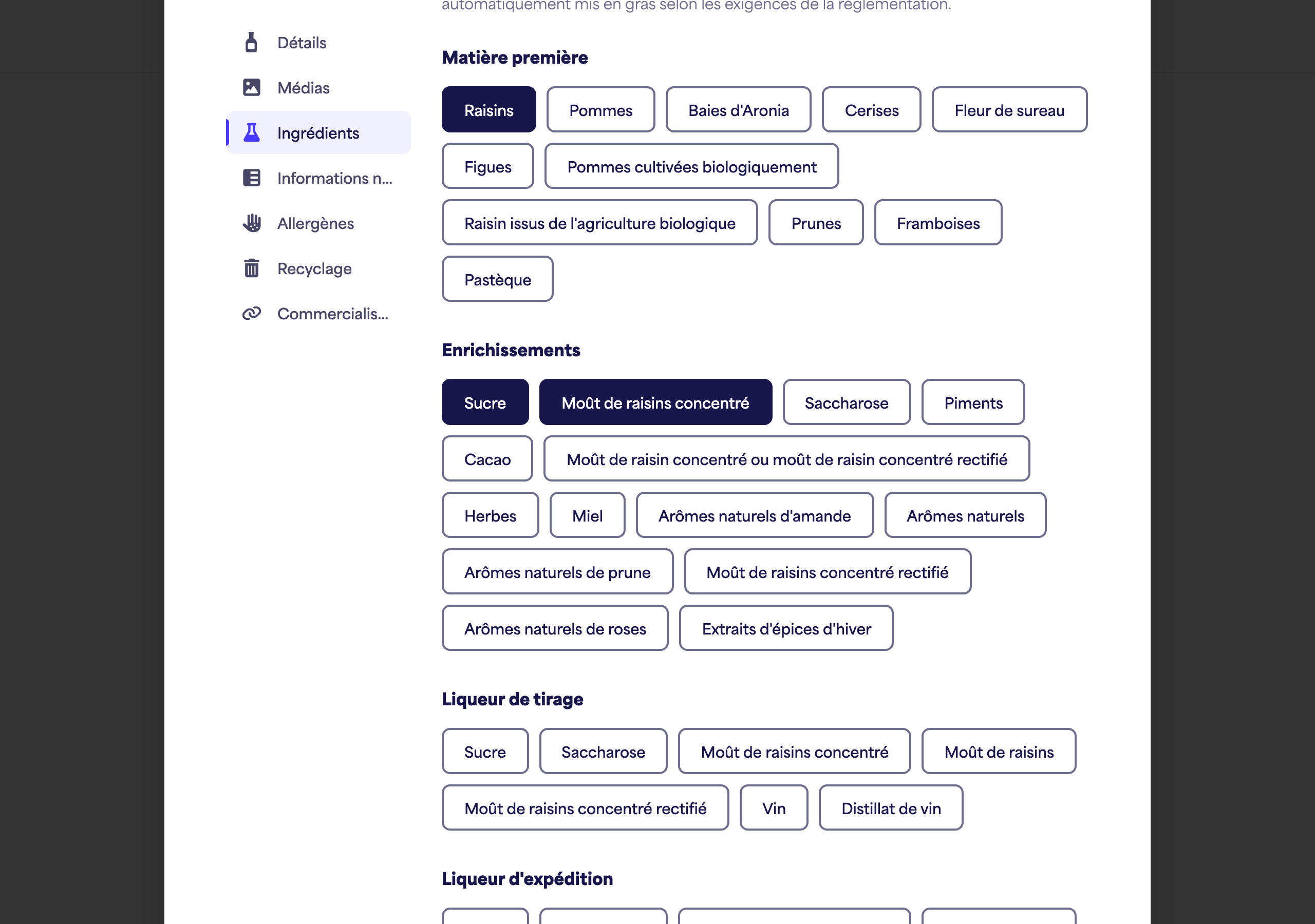 La section Ingrédients avec plusieurs catégories et ingrédients sélectionnés