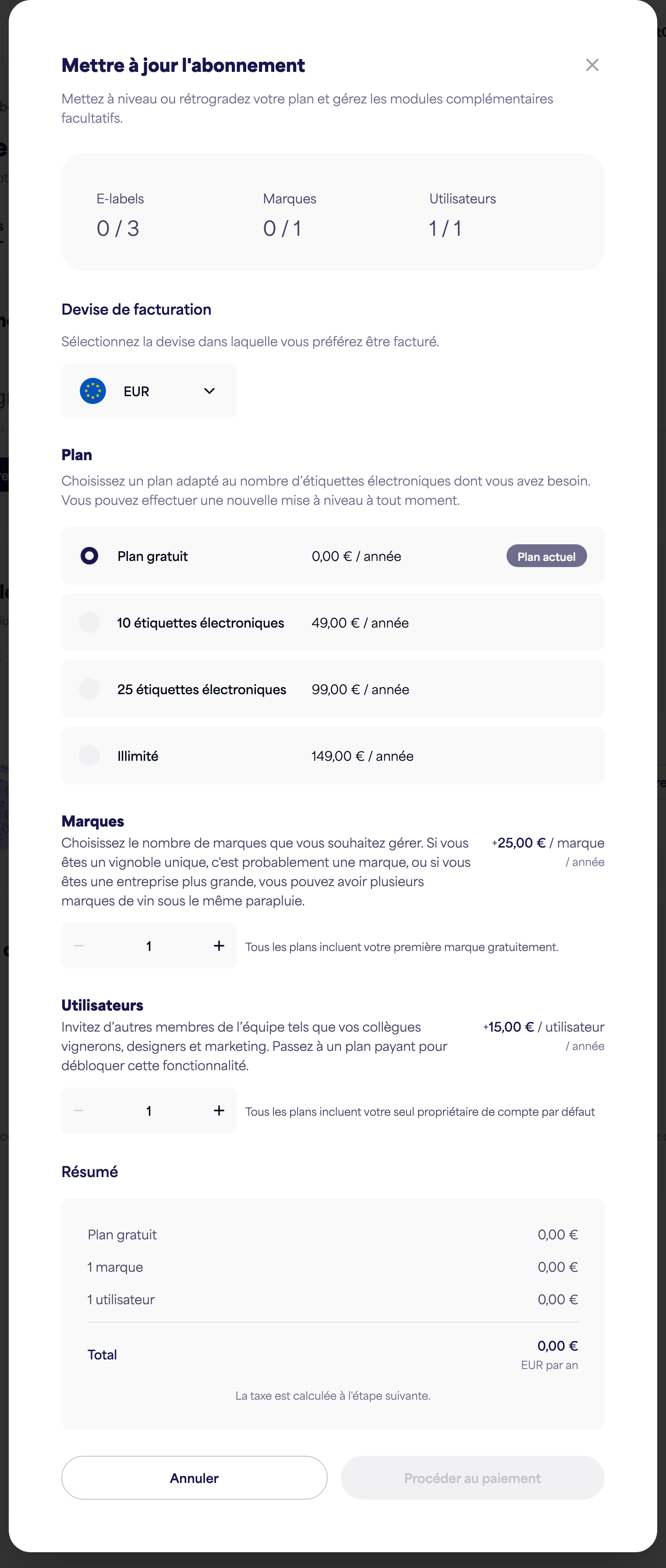 La boîte de dialogue Gérer l'abonnement avec les options de plan, de marques et d'utilisateurs