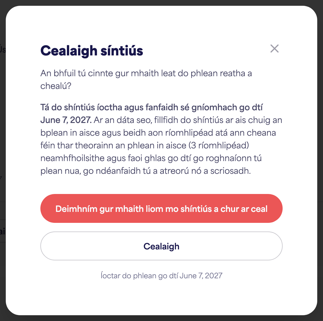 Limistéar Síntiúis an chuntais ag taispeáint an rogha Cealaigh síntiús