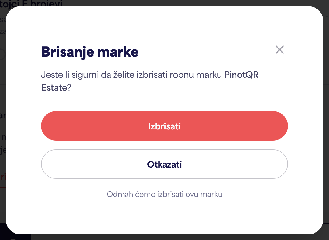 Dijalog za potvrdu "Izbriši marka" upozorava na postojeće e-etikete