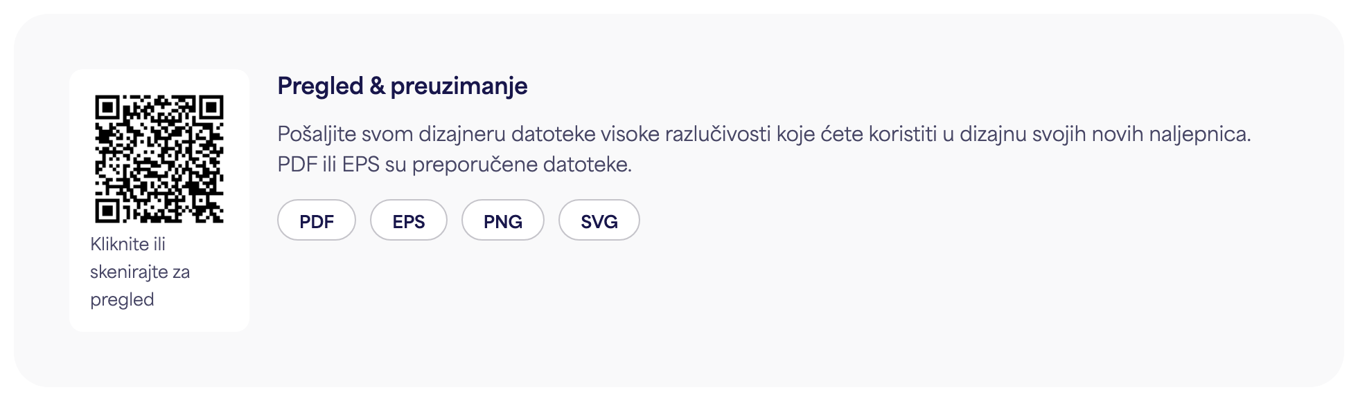 Odjeljak QR kod na stranici e-naljepnice s gumbima za preuzimanje PDF, EPS, PNG i SVG