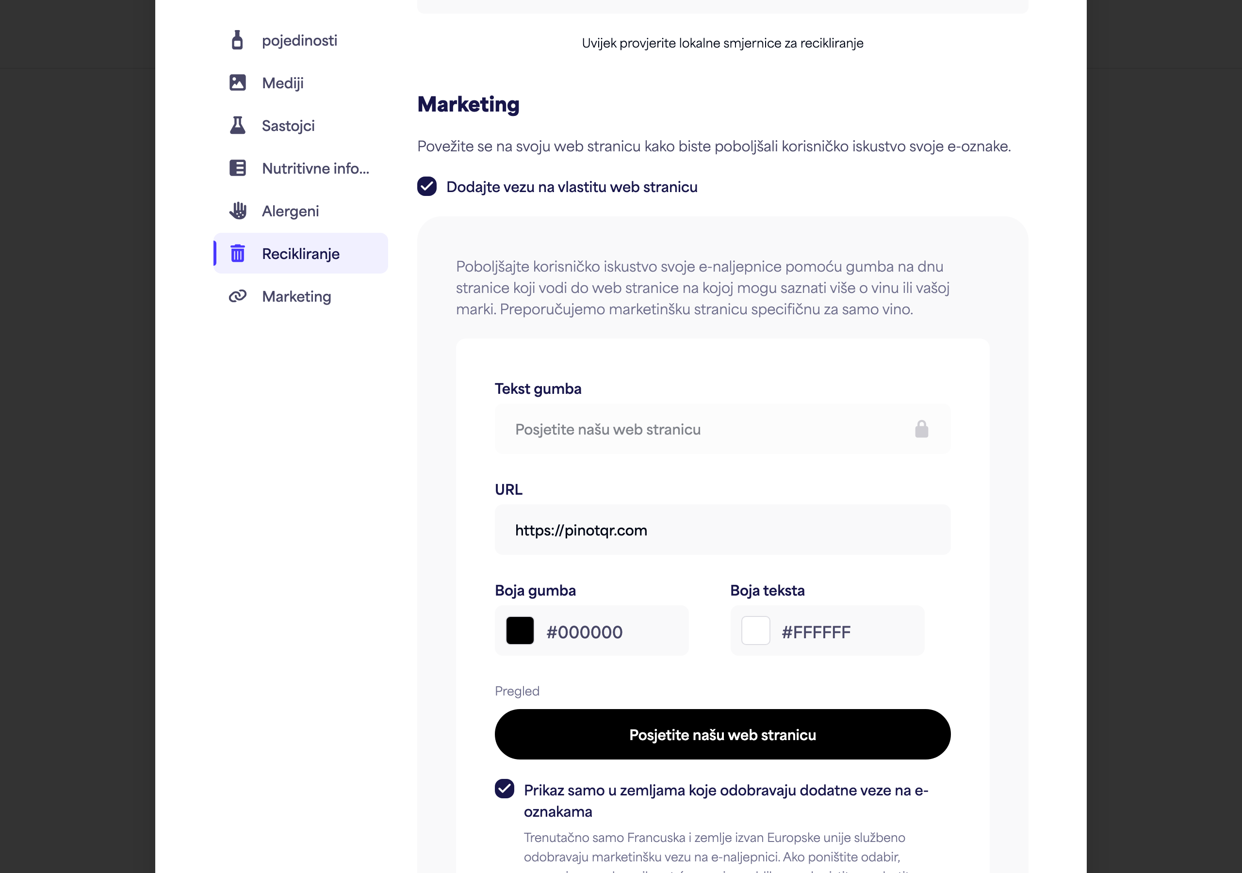 Odjeljak Marketing s preklopnikom, tekstom dugmeta, URL-om i biračima boja te pregledom dugmeta uživo