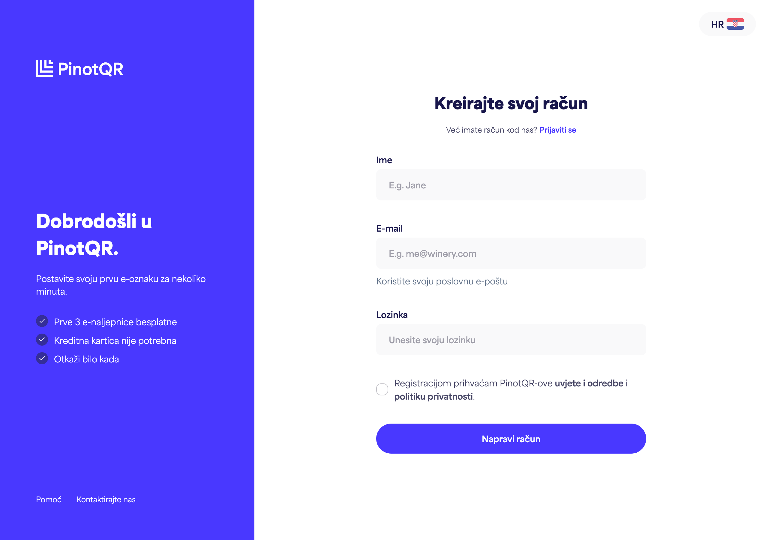 Obrazac za registraciju s poljima Ime, E-mail, Lozinka i gumbom "Kreiraj račun"
