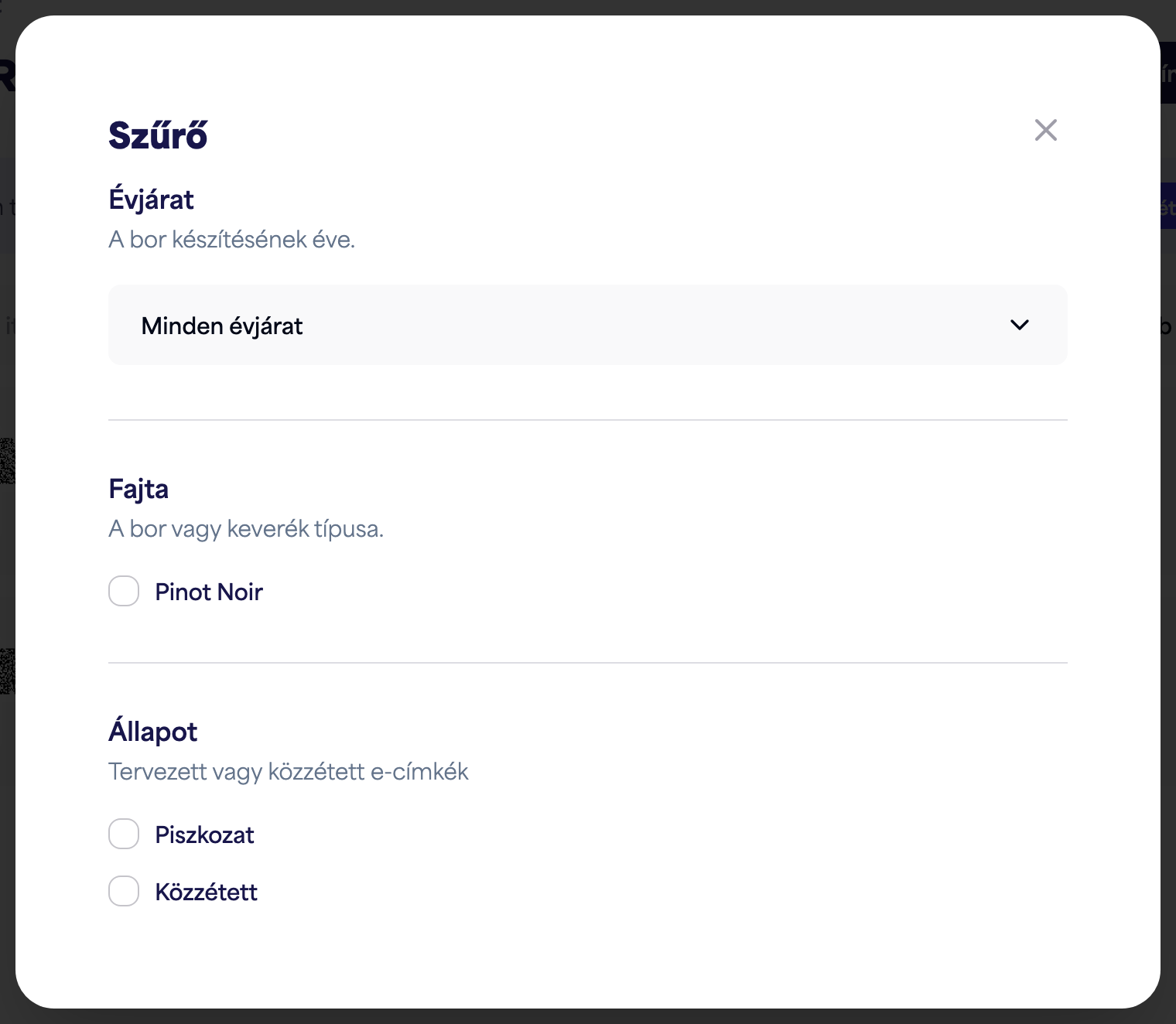 A Szűrés panel évjárat, fajta és állapot opciókkal