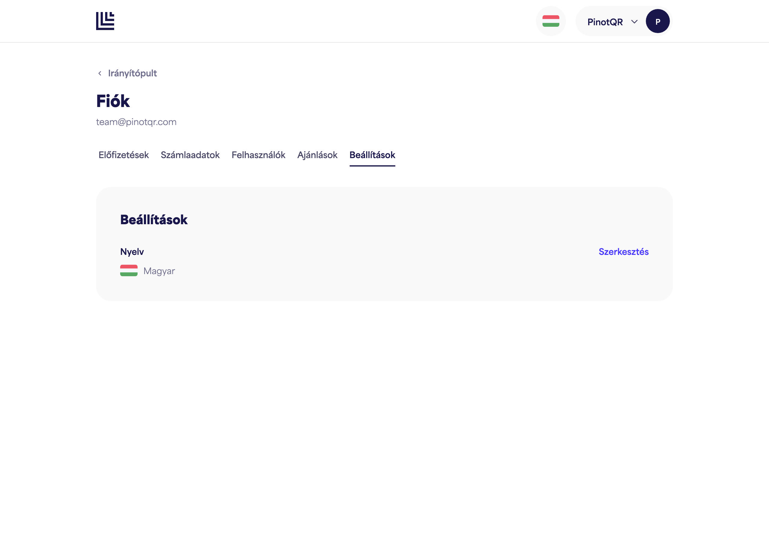 A Beállítások oldal a Nyelv opcióval