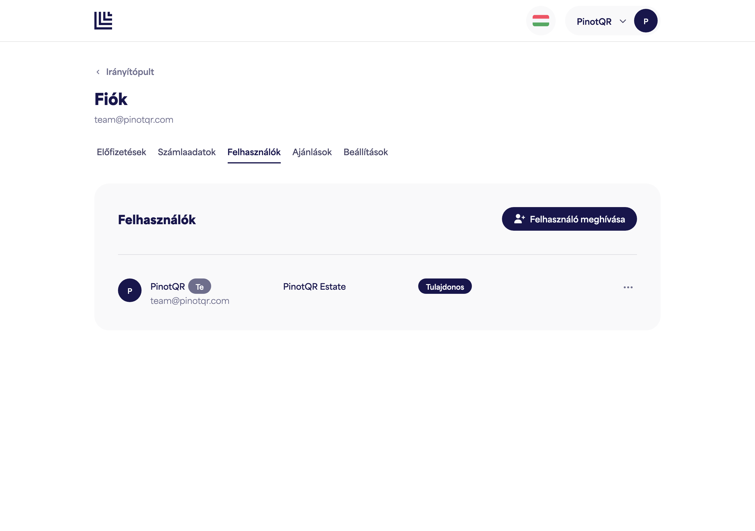 A Felhasználók és hozzáférés oldal, amely felsorolja a kollaborátorokat márkánkénti hozzáférésükkel
