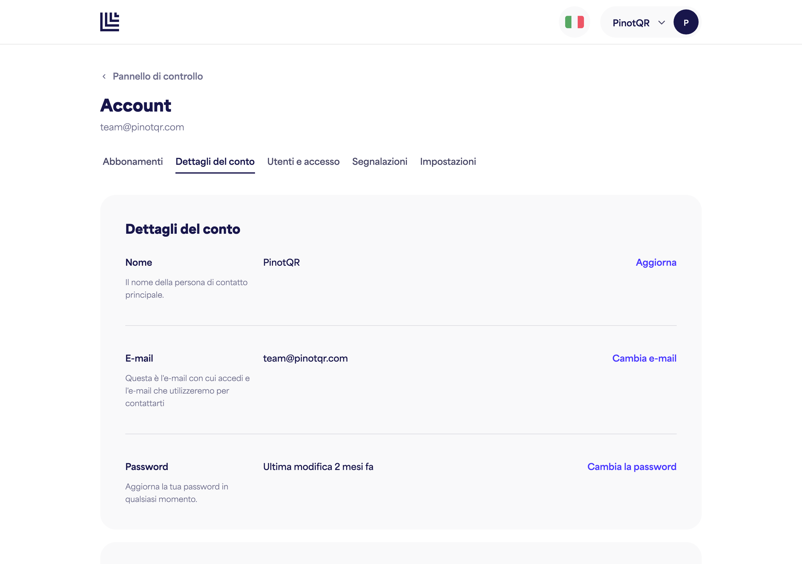 La pagina Dettagli dell'account con il campo Nome