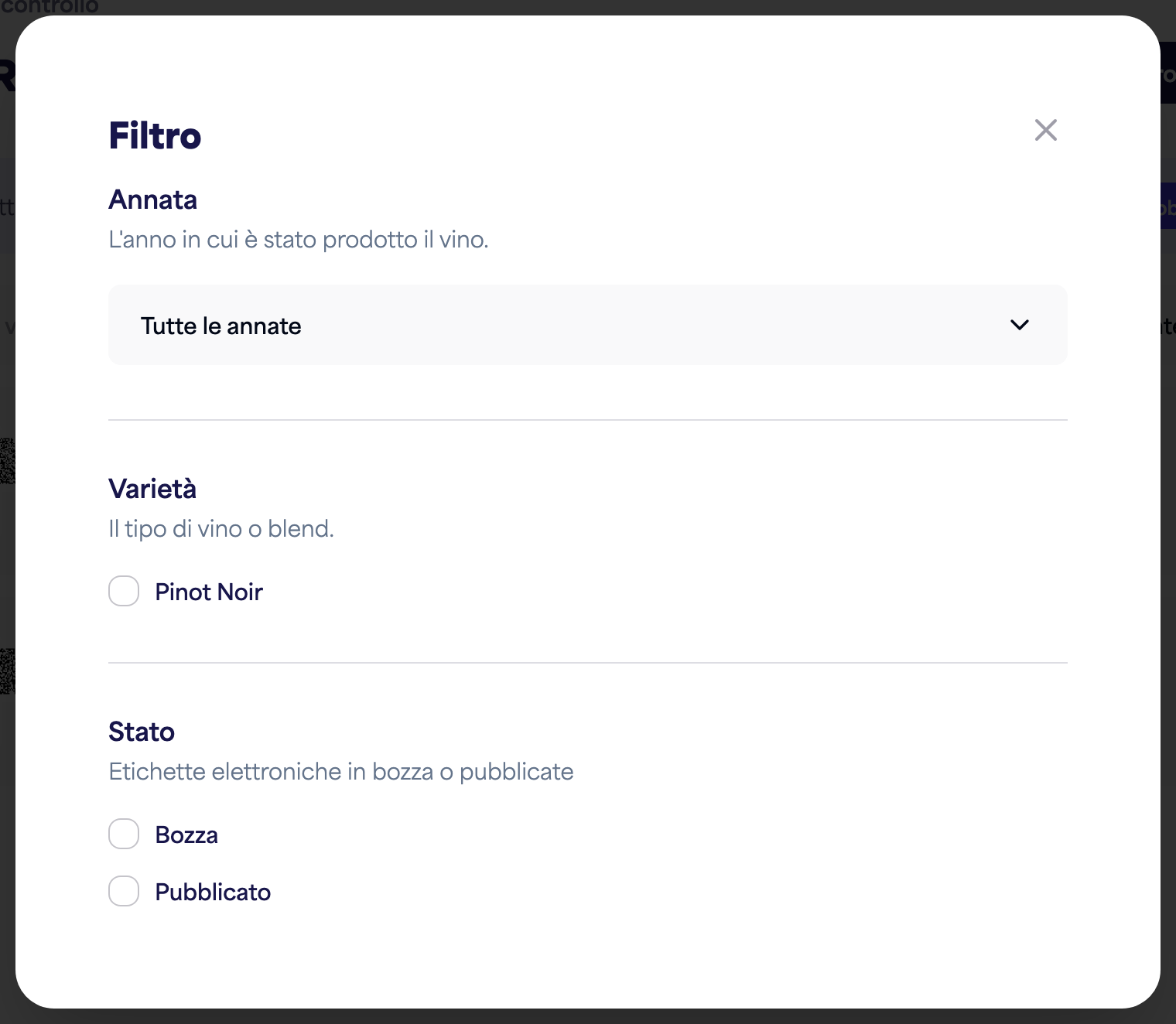 Il pannello Filtra con le opzioni di annata, varietà e stato