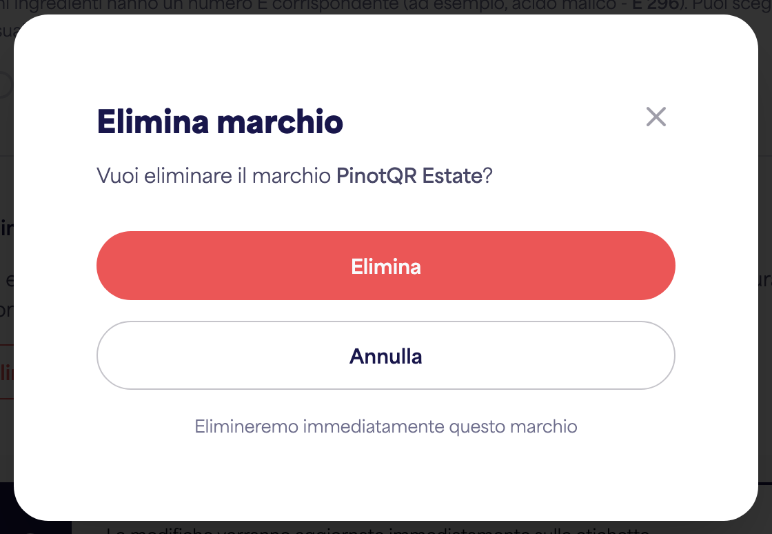 La finestra di dialogo di conferma "Elimina marca" che avverte delle e-etichette esistenti