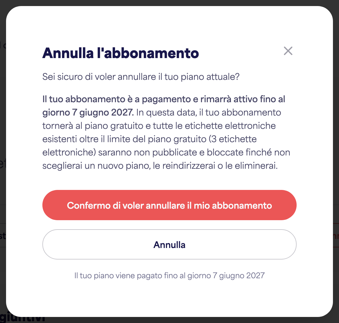 L'area Abbonamento dell'account che mostra l'opzione Annulla abbonamento