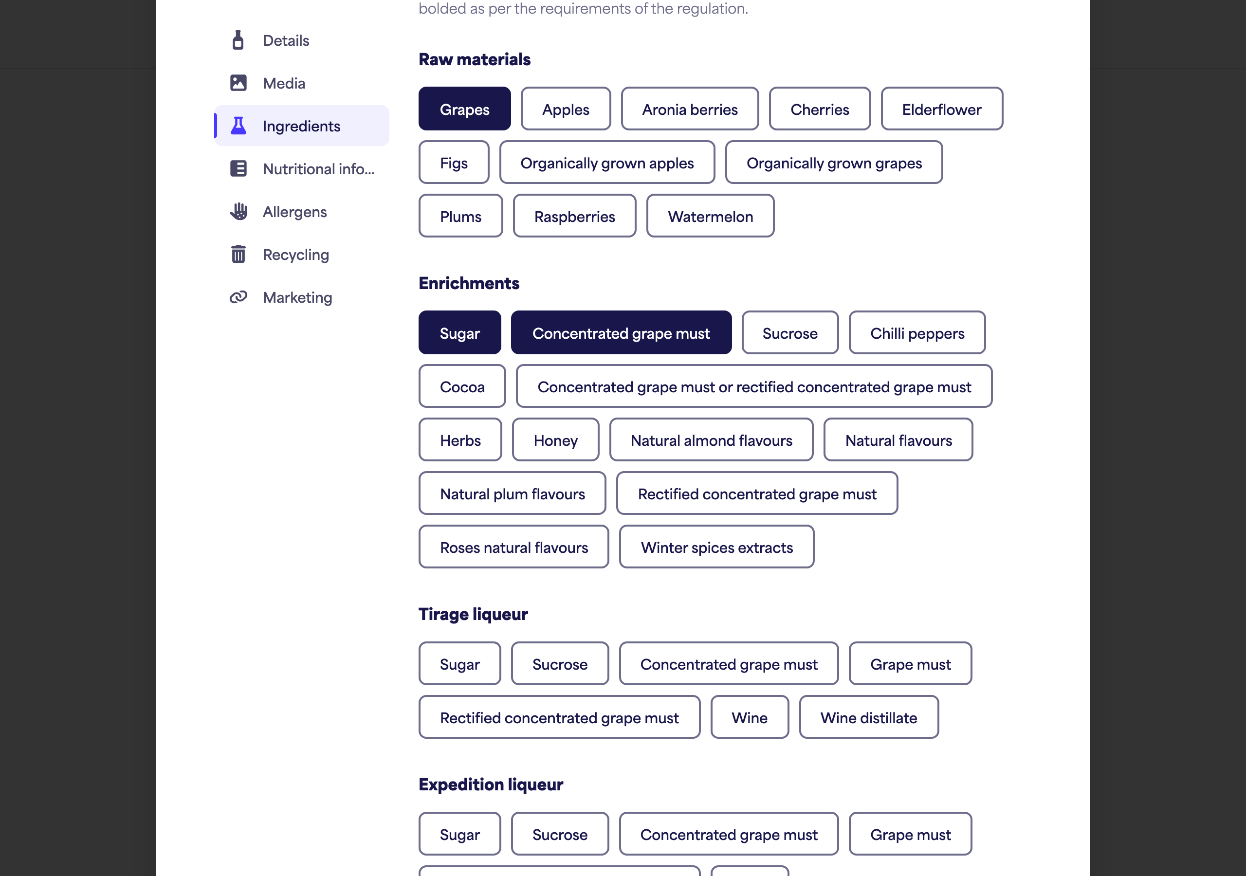 The Ingredients section with several categories and selected ingredients