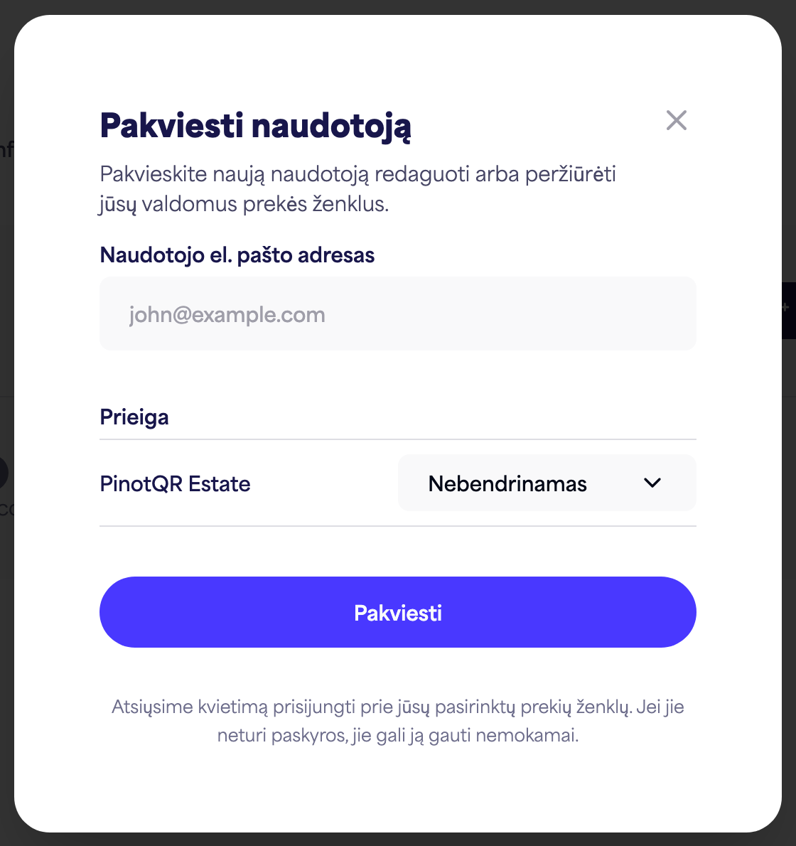 Dialogo langas „Pakviesti vartotoją“ su el. pašto lauku ir prekės ženklo prieigos parinktimis